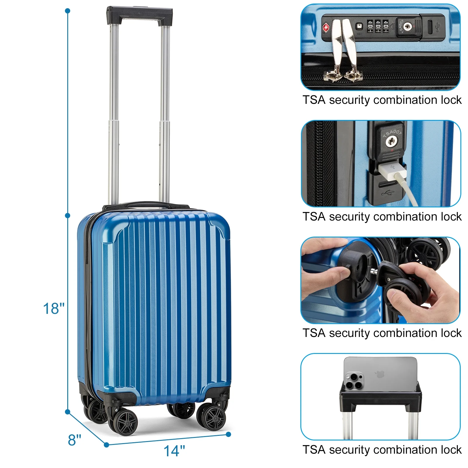 Personal Item Suitcase 18x14x8 Inches Hardside Built In TSA Lock USB Port Lightweight Luggage With Removable Silent Wheels Underseat Carry-On Bag For Spirit and Frontier and More (Blue) - Image 4
