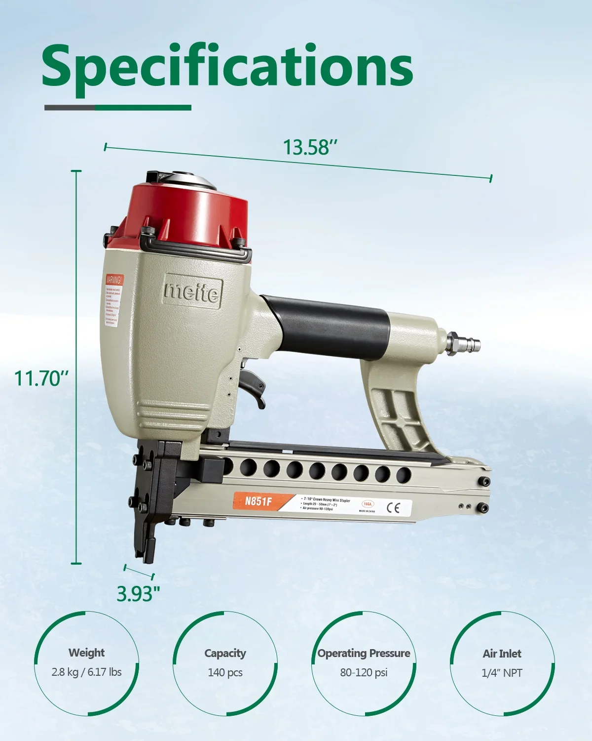 meite N851F Pneumatic Staple Gun 16 Gauge 7/16 Crown Sequential Nailing, Uses 16 GA 7/16-Inch Staples (1-Inch to 2-Inch)