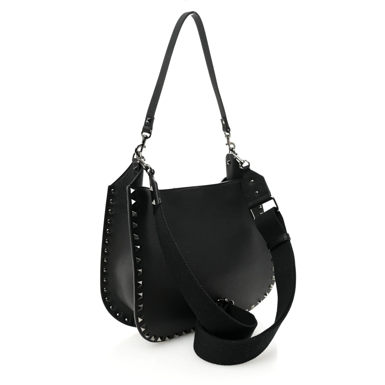 Grained Calfskin Rockstud Hobo Shoulder Bag Black