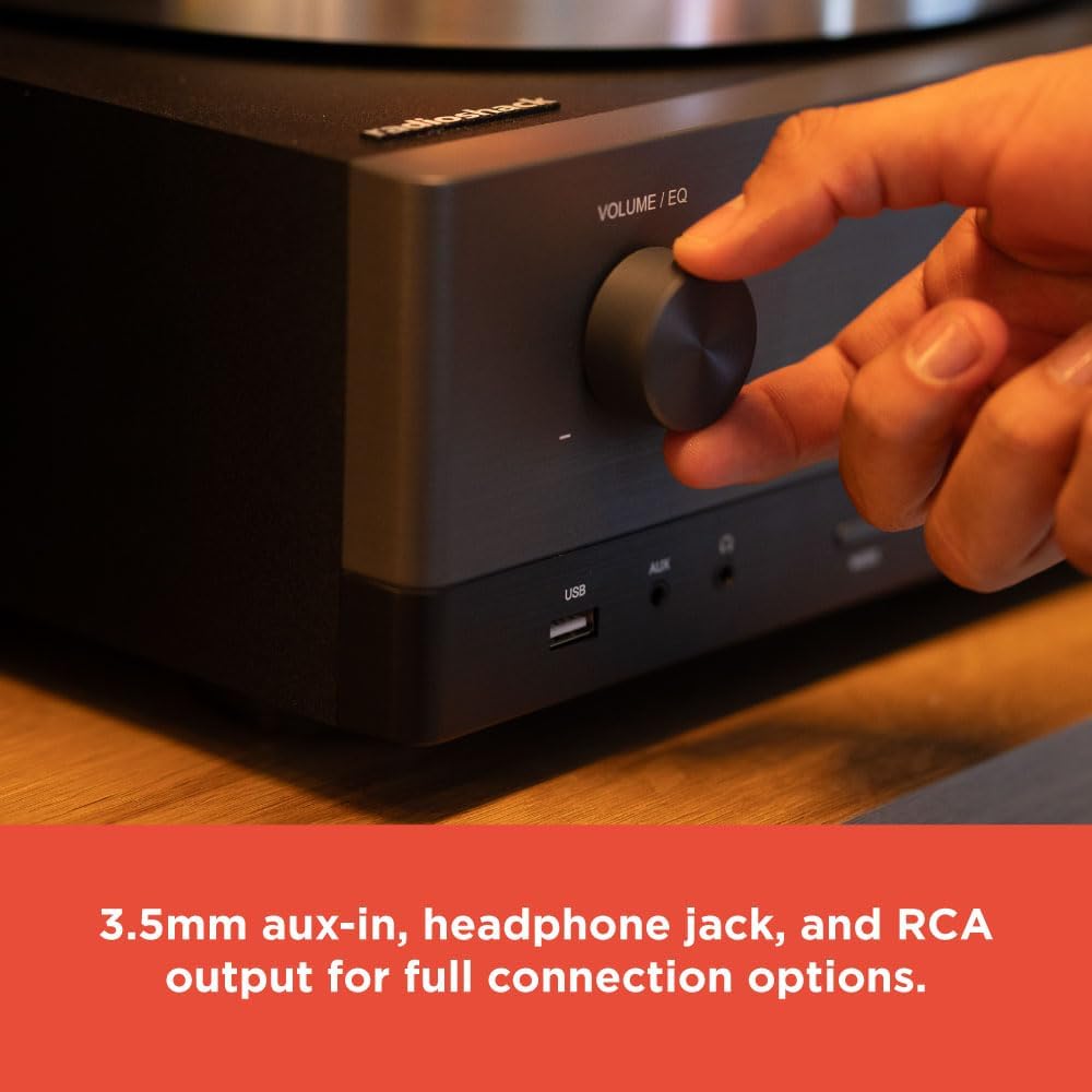 RadioShack Professional Turntable with Speakers  3-Speed Belt-Drive Vinyl Player  Bluetooth Input and Output  FM Radio  CD and USB Playback  Detachable Speakers  Anti-Skating System  Model 4001798