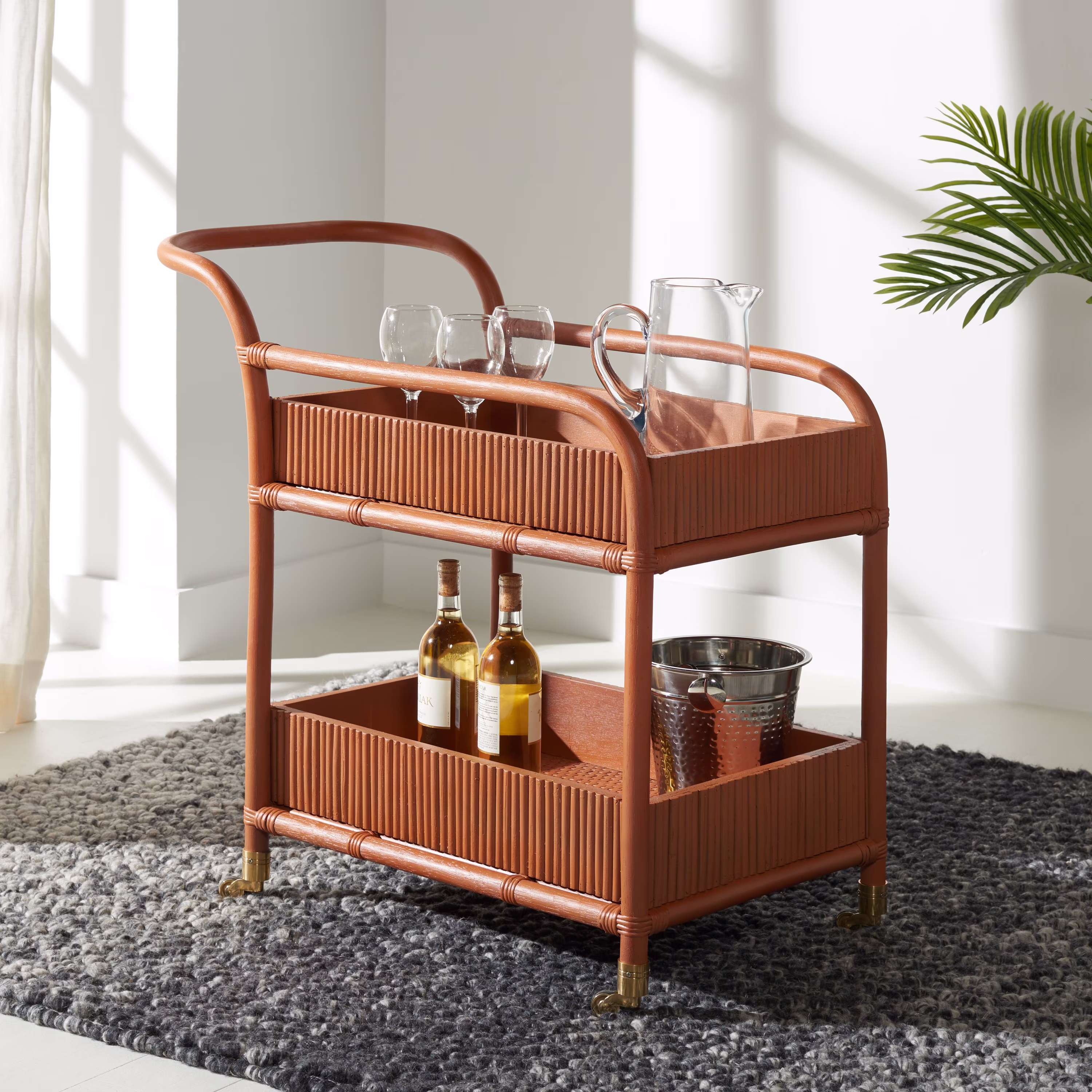 SAFAVIEH Couture Barnette Modern 2 - Tier Wheeled Rattan Pole Bar Cart, Amber