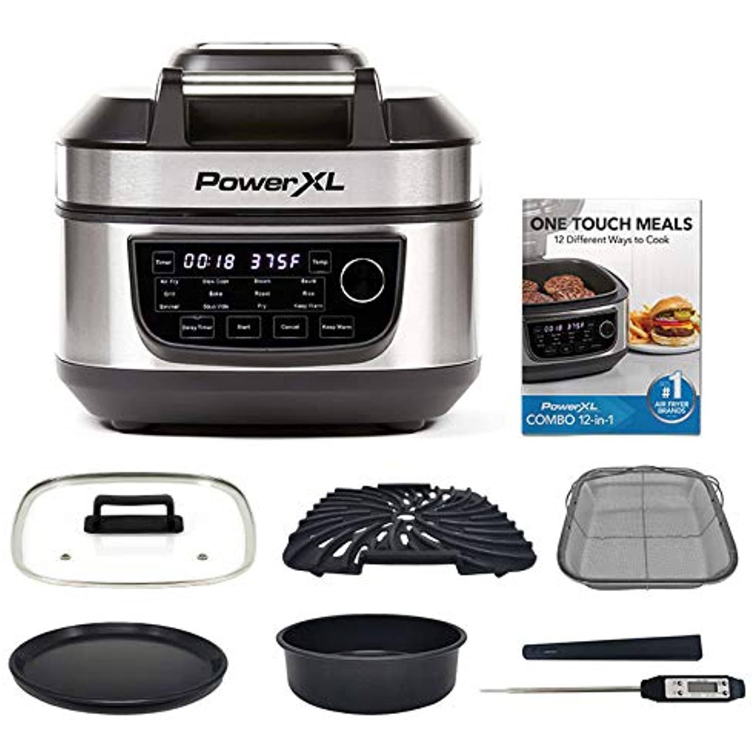 Powerxl Grill Air Fryer Combo Deluxe 6 Qt 12-In-1 Indoor Grill, Slow Cooker, Roast, Bake, 1550-Watts, Stainless Steel Finish