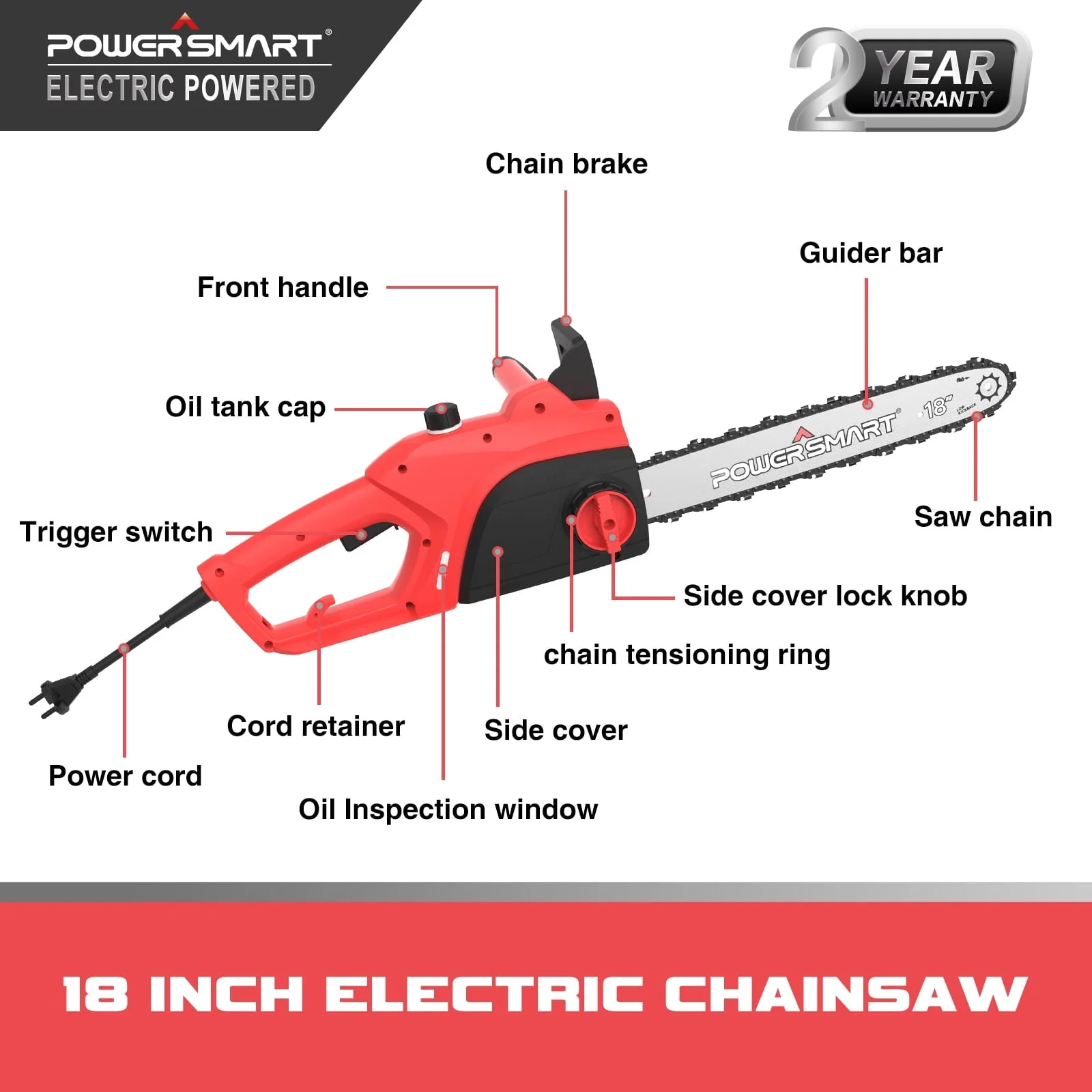 PowerSmart PS8218 18 inch Pruning Corded Electric Chainsaw, 120V 15Amp Power Chainsaw for Wood Cutting(15Amp) Image 3