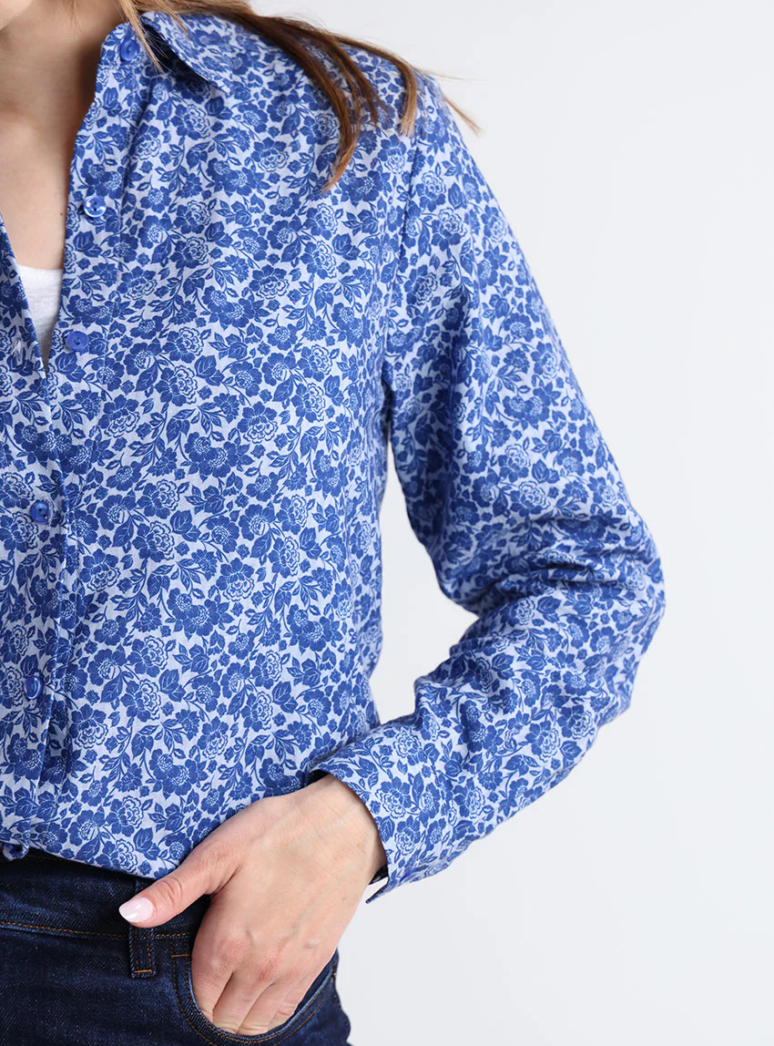 Chemisier femme coton fleurs bleues