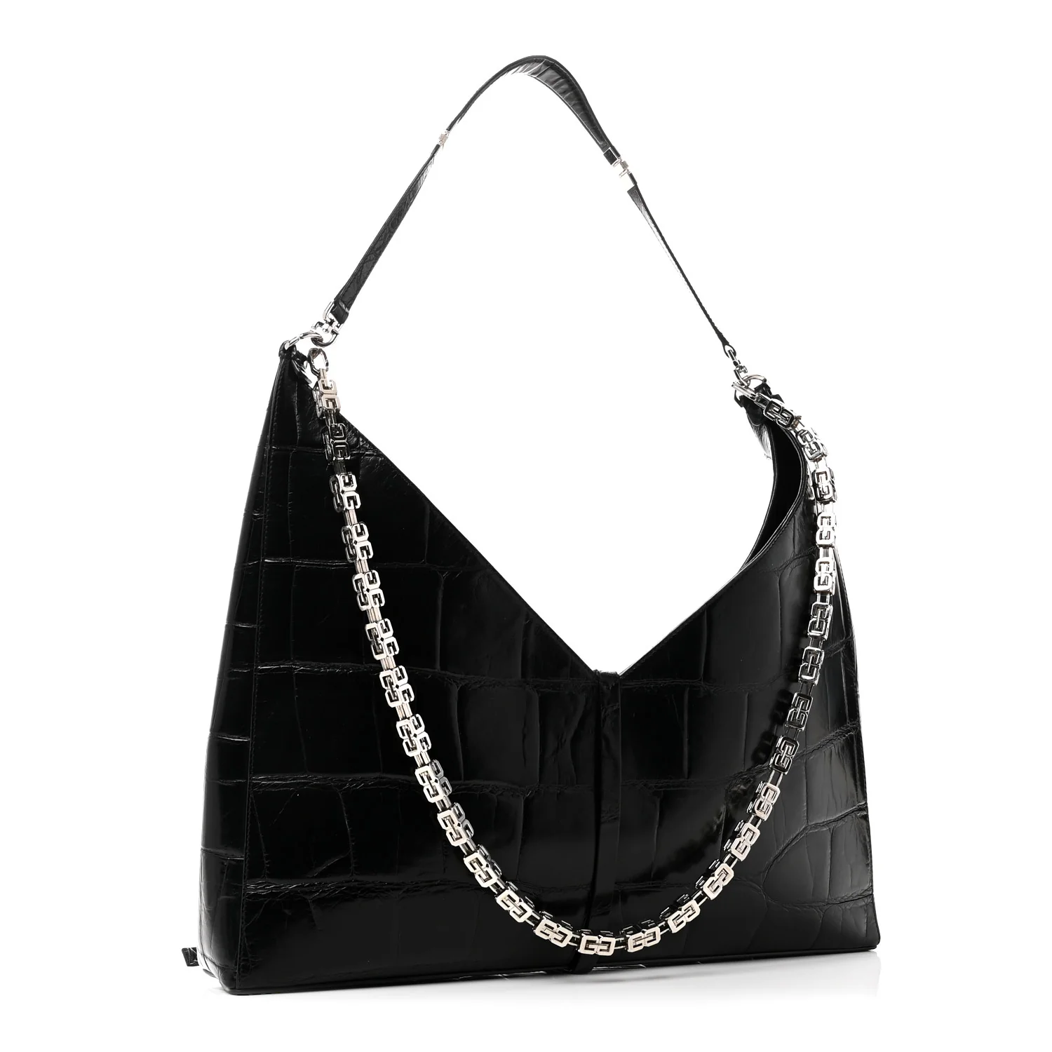 Calfskin Crocodile Embossed Large Cut Out Shoulder Bag Black