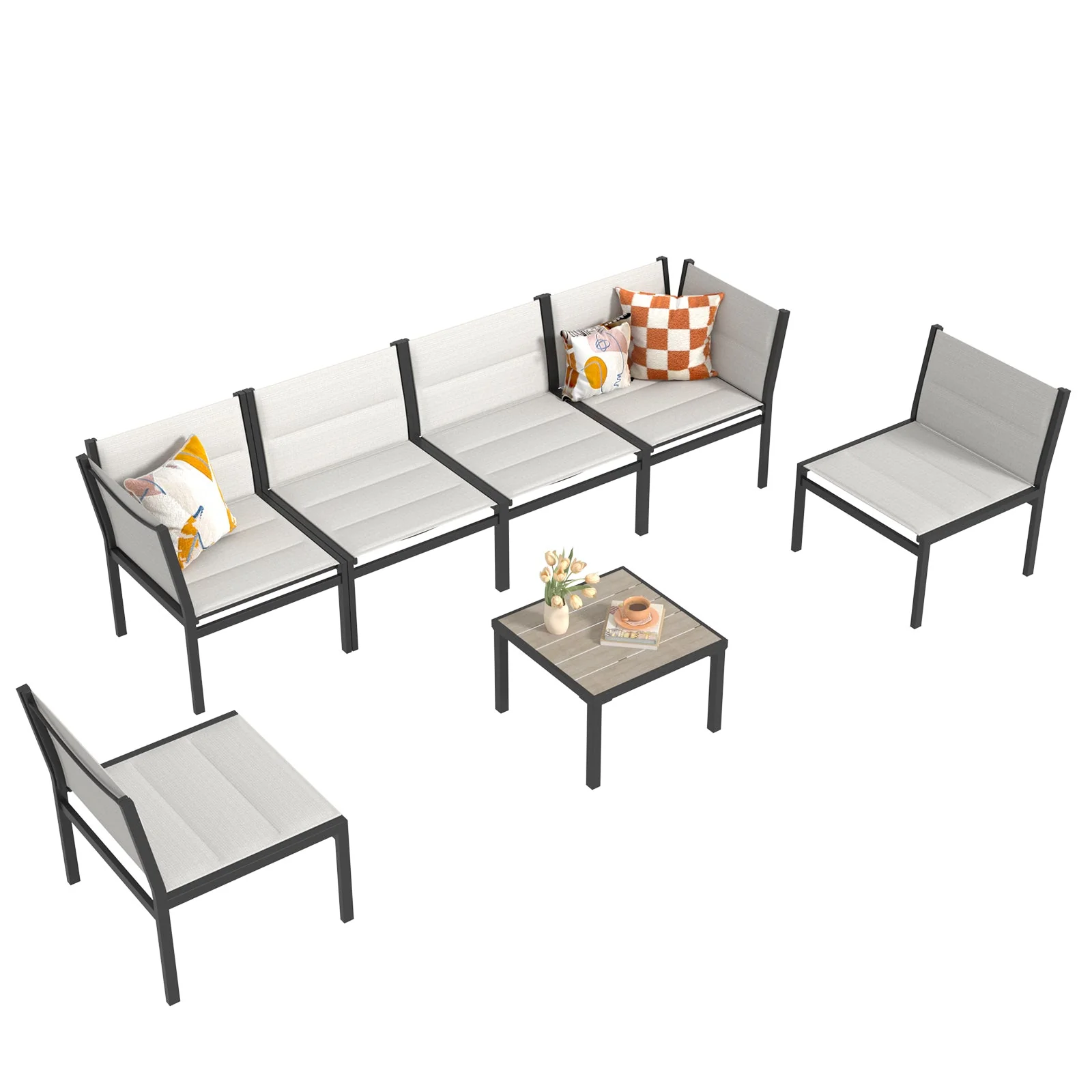 AECOJOY 7 Pieces Outdoor Sectional Furniture Textilene Fabric Outdoor Conversation Sets, Off-White