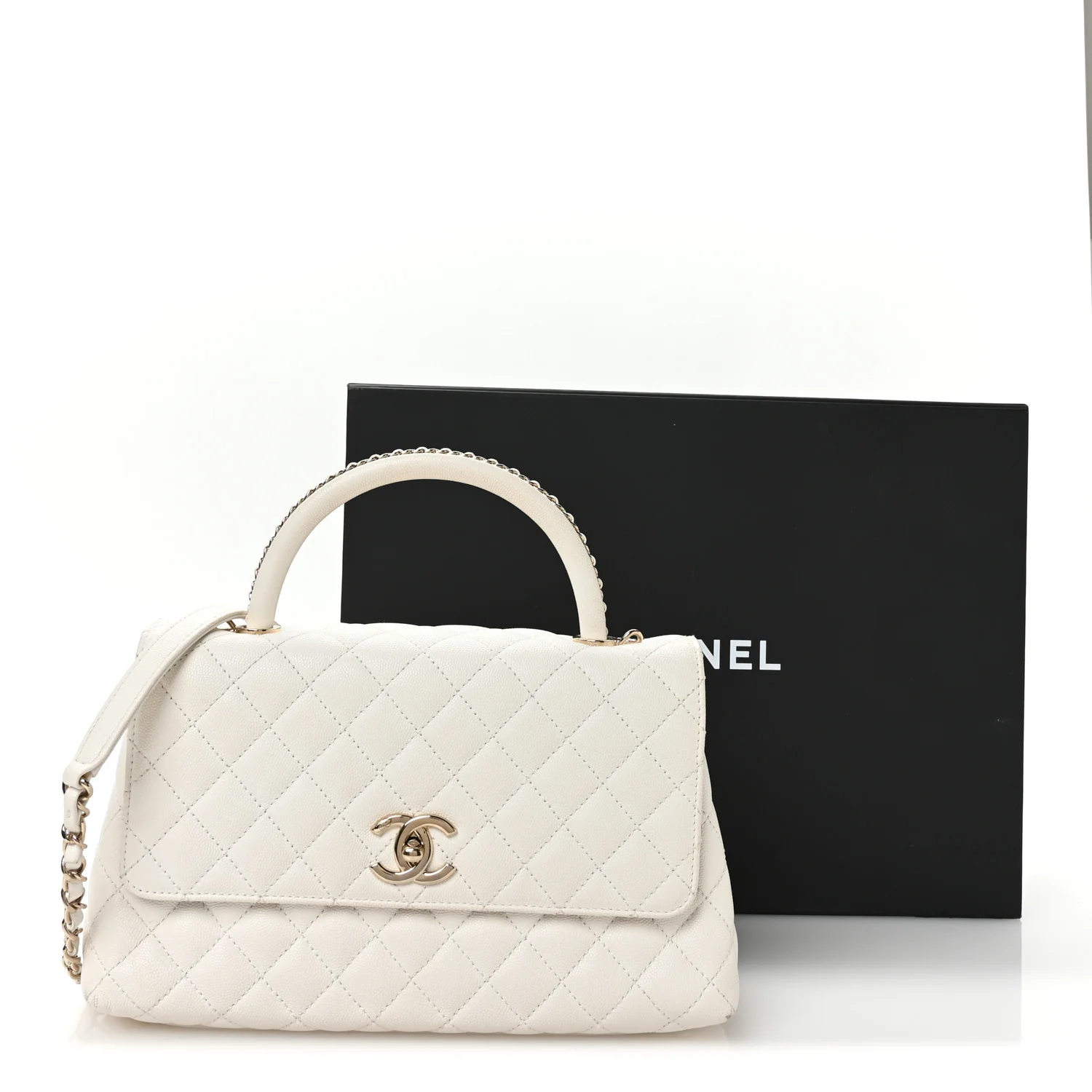 Caviar Quilted Small Chain Coco Handle Flap White