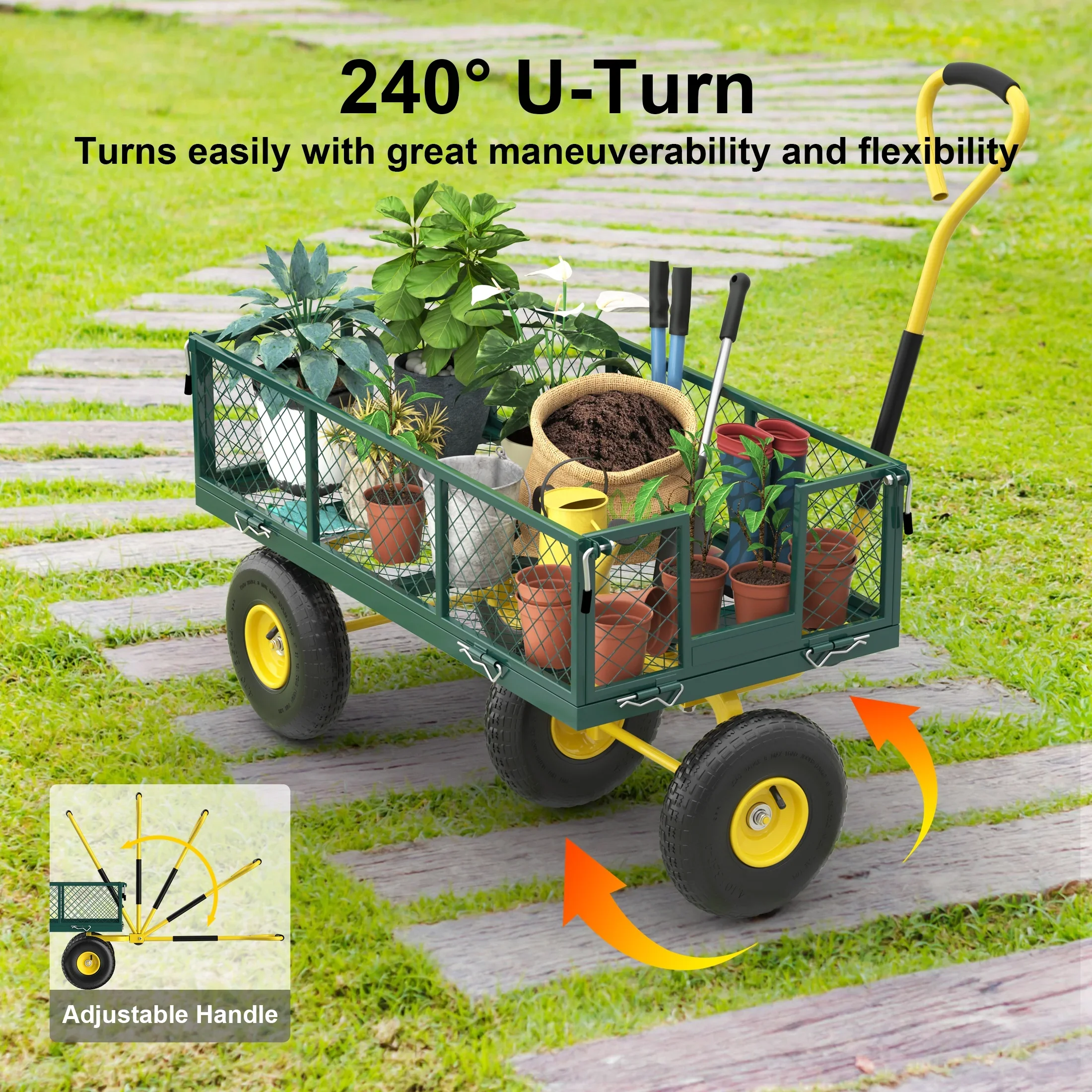 Firstness Heavy Duty Garden Cart, 900 lbs Capacity Garden Wagon with Removable Sides, Black