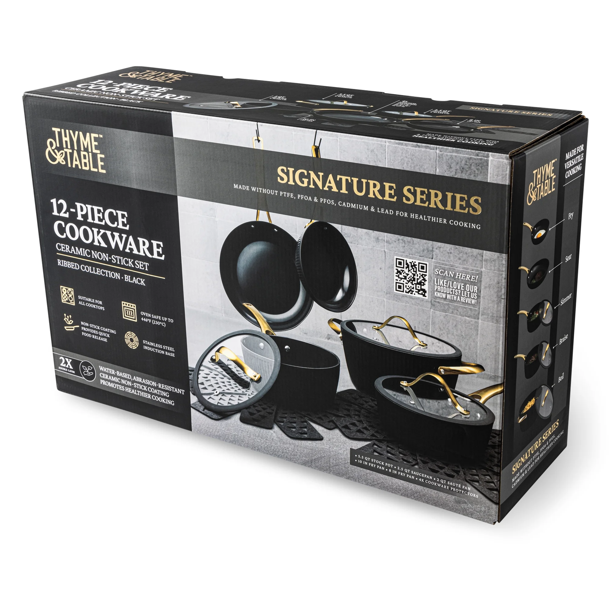 Thyme & Table 12 - Piece Nonstick Signature Ribbed Cookware Set, Pots and Pans Set - Black & Gold