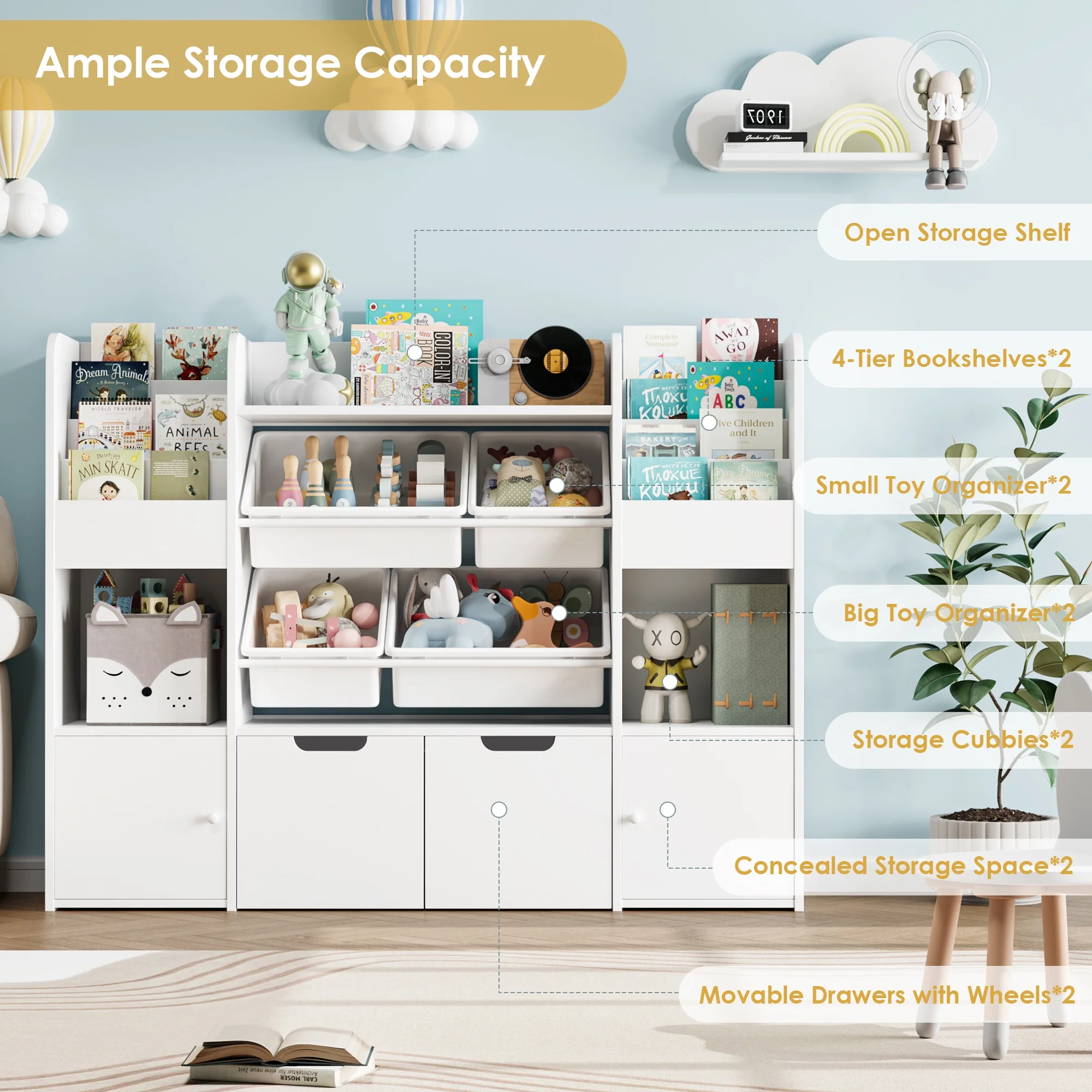 Kids Bookcase Toy Storage Organizer, Wooden Toy Organizer of 4 Bins 2 Removable Drawers for Home Bedroom, Kids Bookshelf Toy Box with Book Rack, White(White) - Image 2