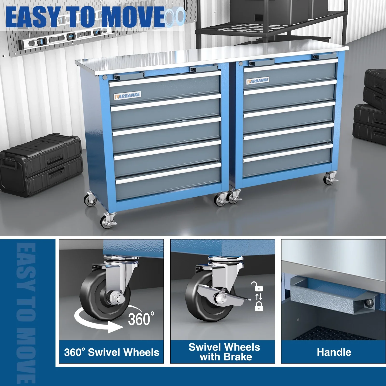 Rolling Tool Chest 5-Drawer Tool Cabinet with Stainless Steel Top Key Lock Heavy-Duty