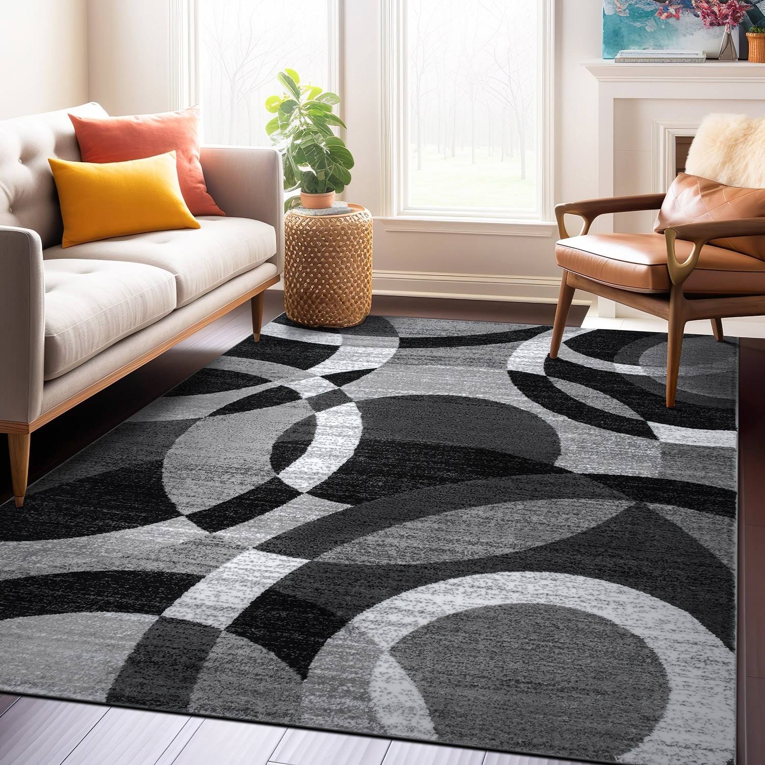World Rug Gallery Contemporary Modern Circles Area Rug, Gray