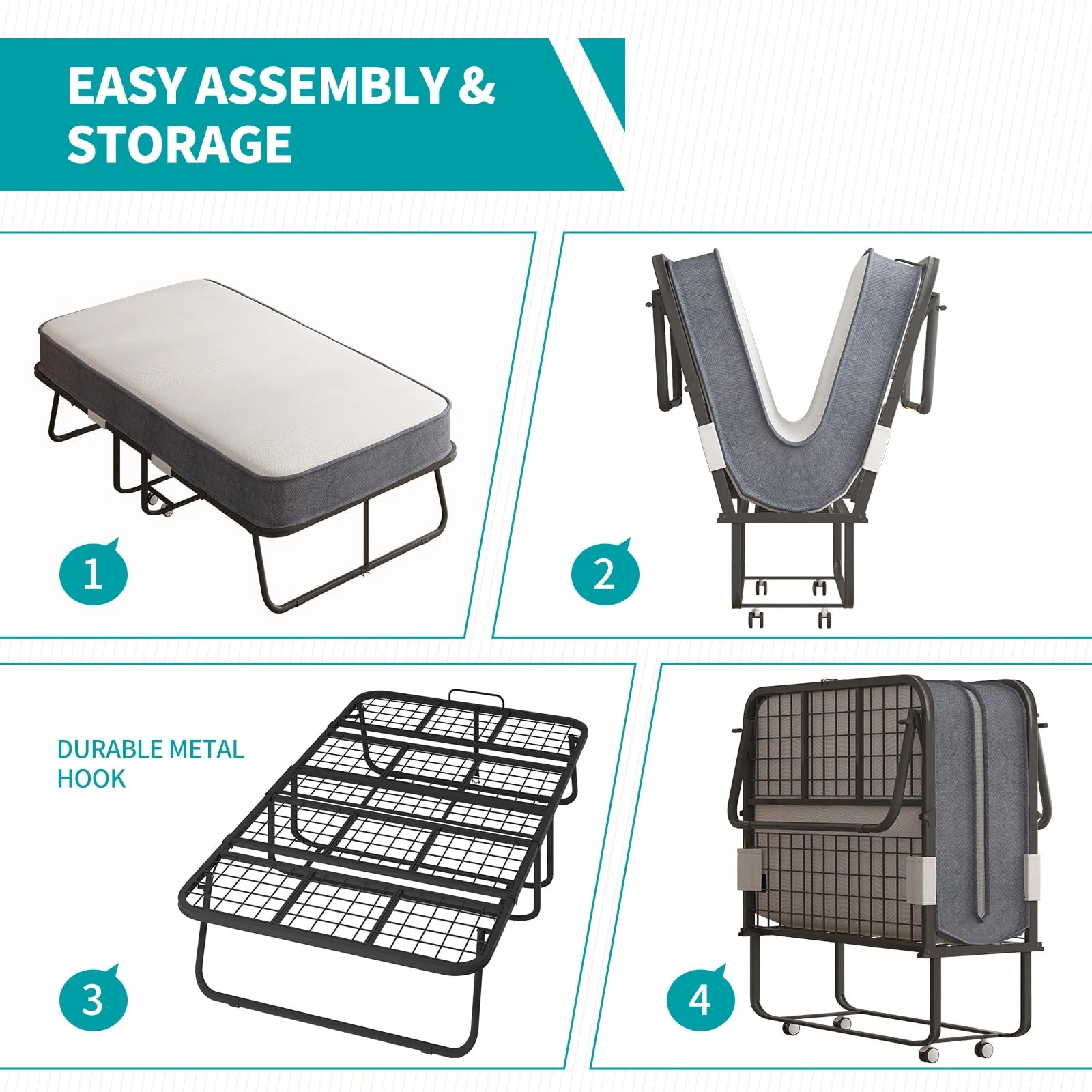 Folding Bed with Mattress for Adults, Foldable Bed with 4''Memory Foam Mattress, Portable Rollaway Guest Bed with Dustproof Bag Baffle, Fold up Bed with Metal Frame Space Saving (Standard) Image 5