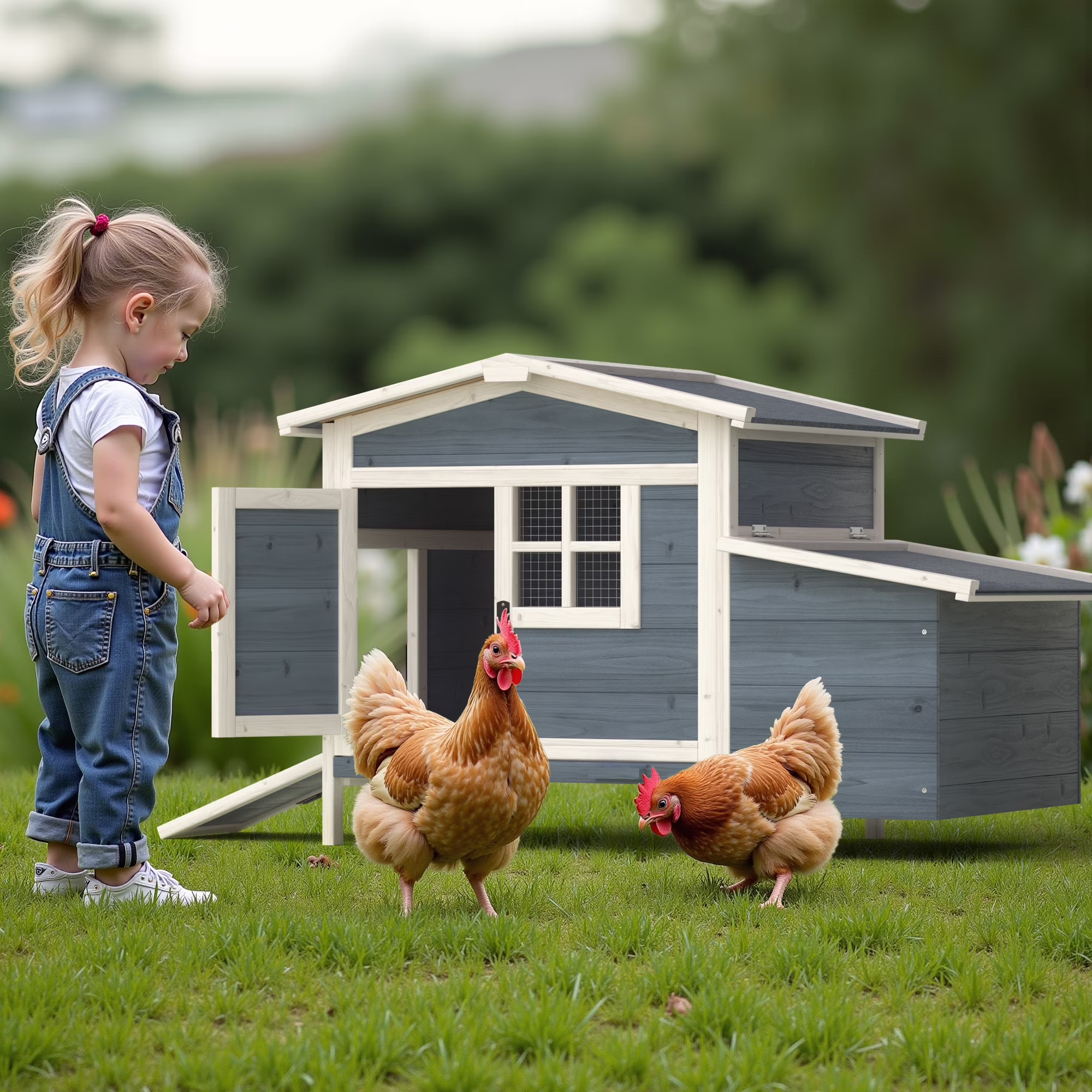 Outdoor Chicken Coop Rabbit Hutch Wooden Hen House w/ Nesting Box Tray Poultry Cage for Outdoor Indoor(Gray)