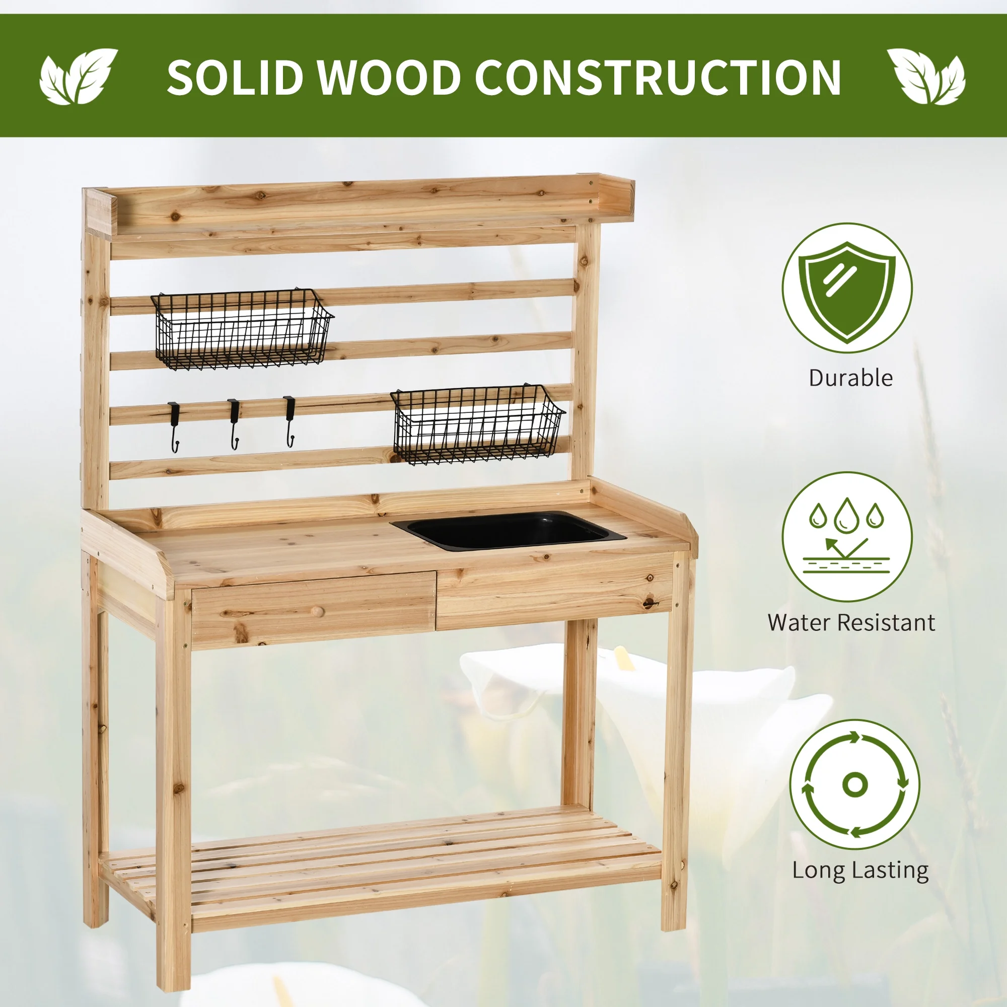 Potting Bench Table, Garden Work Bench, Workstation with Metal Sieve Screen, Removable Sink, Additional Hooks and Baskets for Patio, Courtyards, Balcony, Natural(Natural wood finish) - Image 7