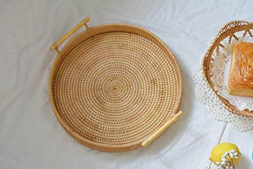 Decrafts Rattan Round Serving Tray Wicker Woven Bread Basket With Handles For Cracker Dinner Parties Coffee Table Breakfast (Natural 12.6 Inches)