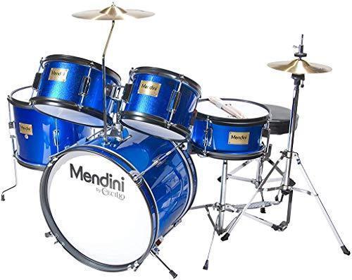 Batterie Mendini By Cecilio pour enfants/juniors – 16 pouces, 5 pièces, bleu métallisé – Kit de batterie débutant avec siège réglable, cymbale, pédale et baguettes – MJDS 5 BL