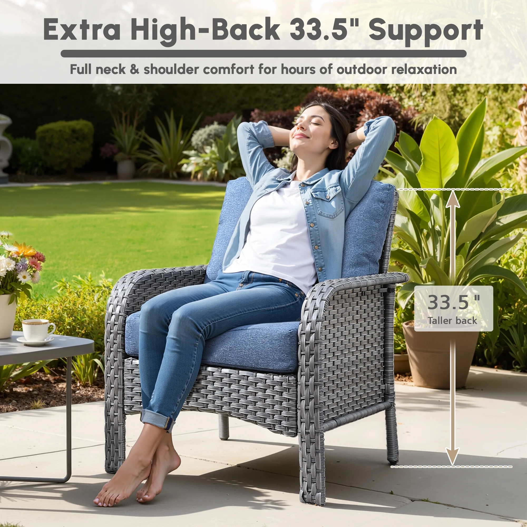 4 Pieces Wicker Outdoor Patio Furniture with Coffee Table High Back All Weather Rattan Outdoor Sectional Conversation Set for Backyard Porch Garden, Denim Blue(Denim Blue) - Image 6