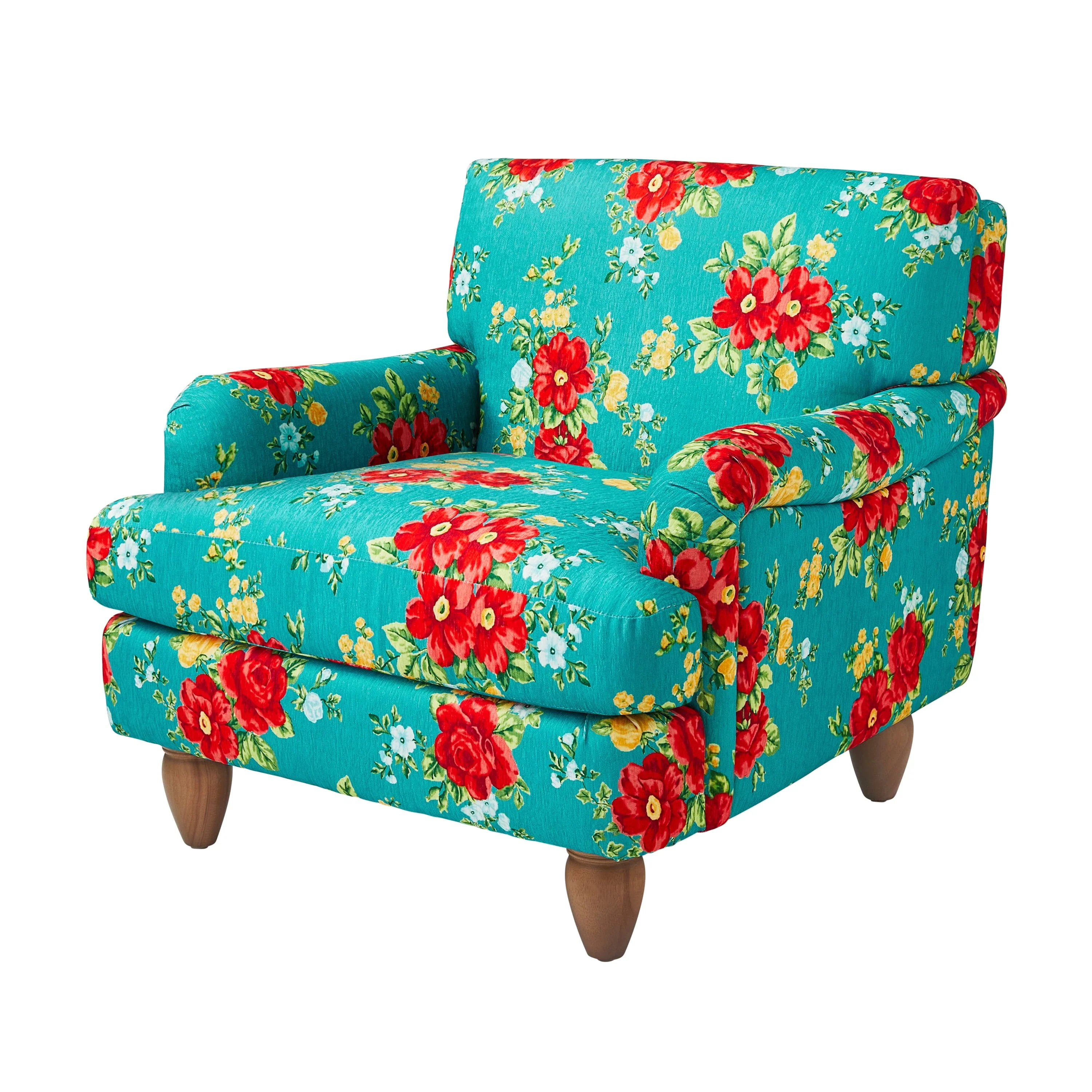 Vintage Floral Low Back Fabric Accent Chair, Teal