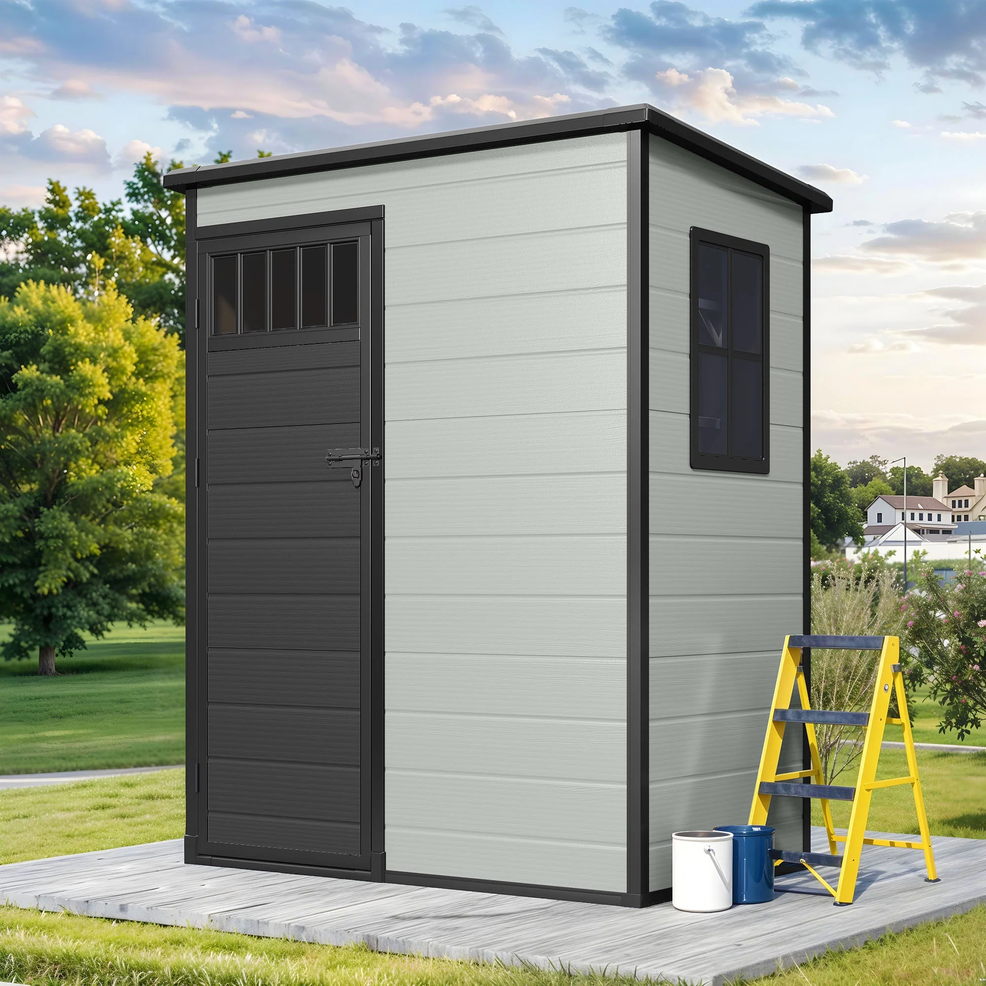 4.6��2.6��6.3 ft Resin Storage Shed with Window, Floor, Plastic Roof, Storage Cabinets for Brooms Vacuum Cleaners fits 65 to 68 inches, Winter Gear Box, Black(Black) - Image 8