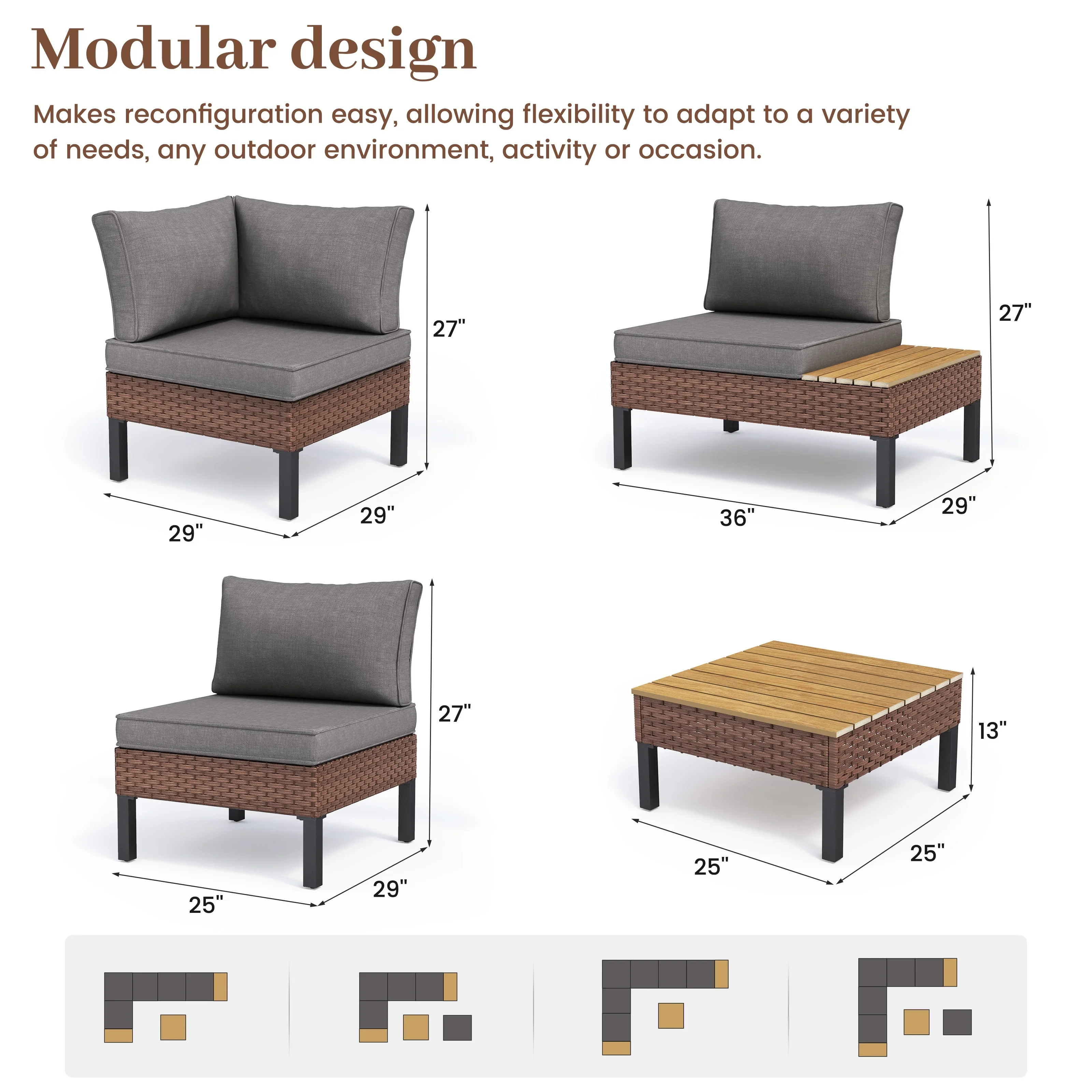 ELPOSUN L Shaped Conversation Sectional Sofa Set with Coffee Table, 5 Pieces Patio Furniture Seating Group with Side Table for Backyard Garden, Beige Grey