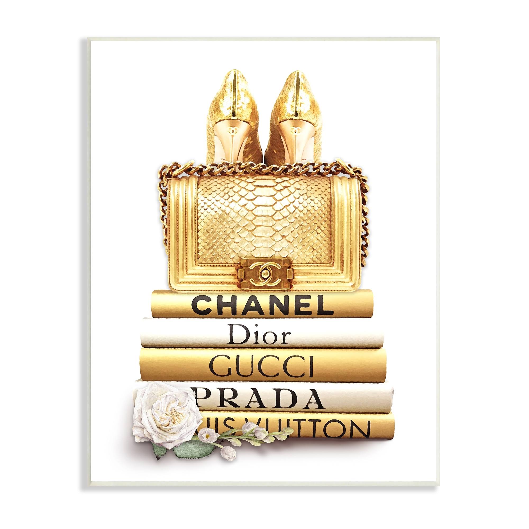 Divine Golden Fashion Purse on Glam Designer Bookstack Stupell Industries Format: Wood, Size: 15