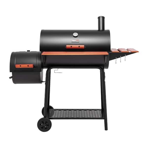 Barrel Charcoal Grill in Black with Offset Smoker. 811 sq. in. Cooking Space. Wood-Painted Side Table