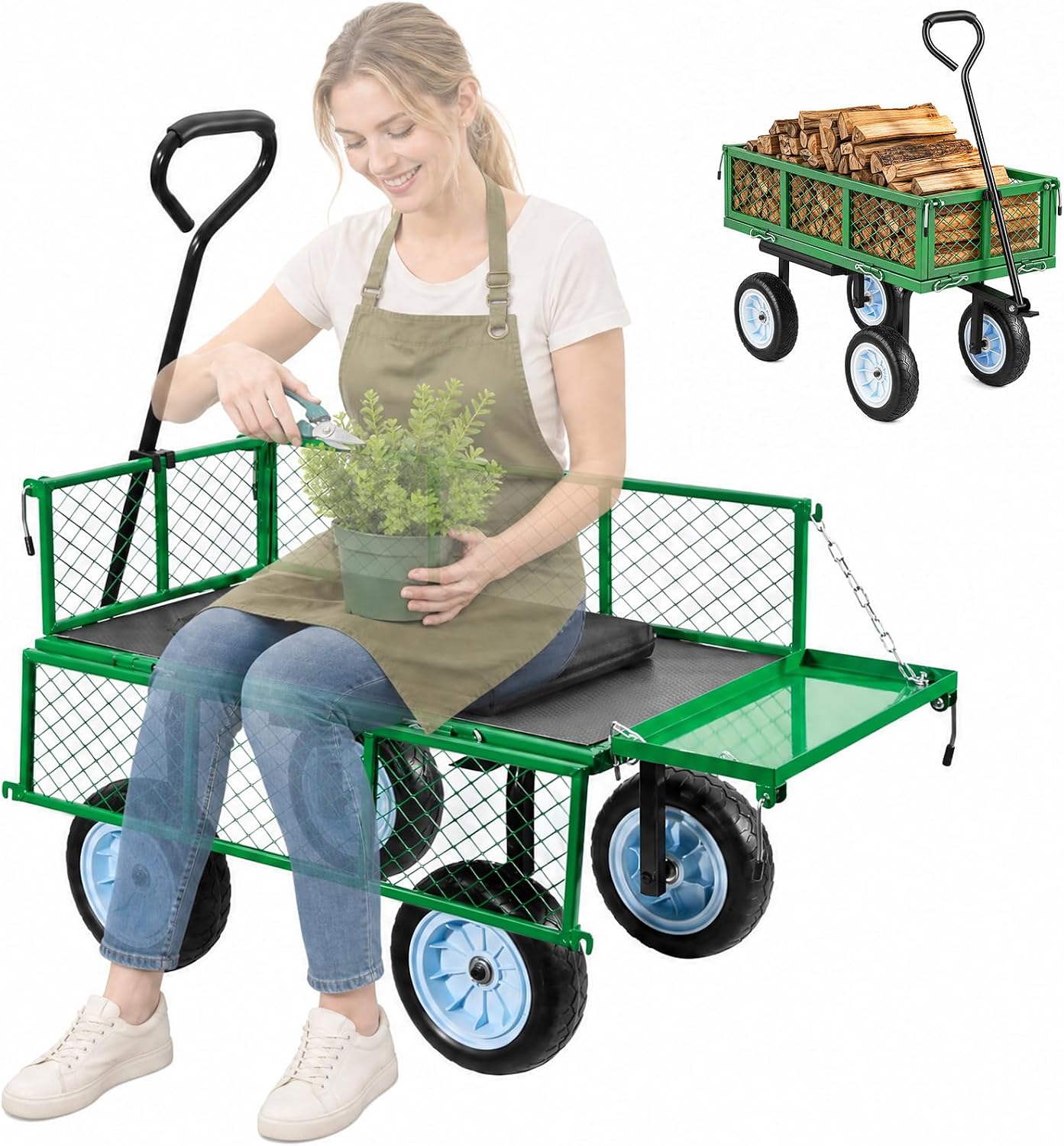 VEVOR 500 LBS Steel Garden Cart with Work Seat, Heavy Duty Garden Wagon Cart on Wheels, Outdoor Metal Utility Yard Wagon Gardening Stool with 10-inch Flat Free Tires & Adjustable Handle, Green