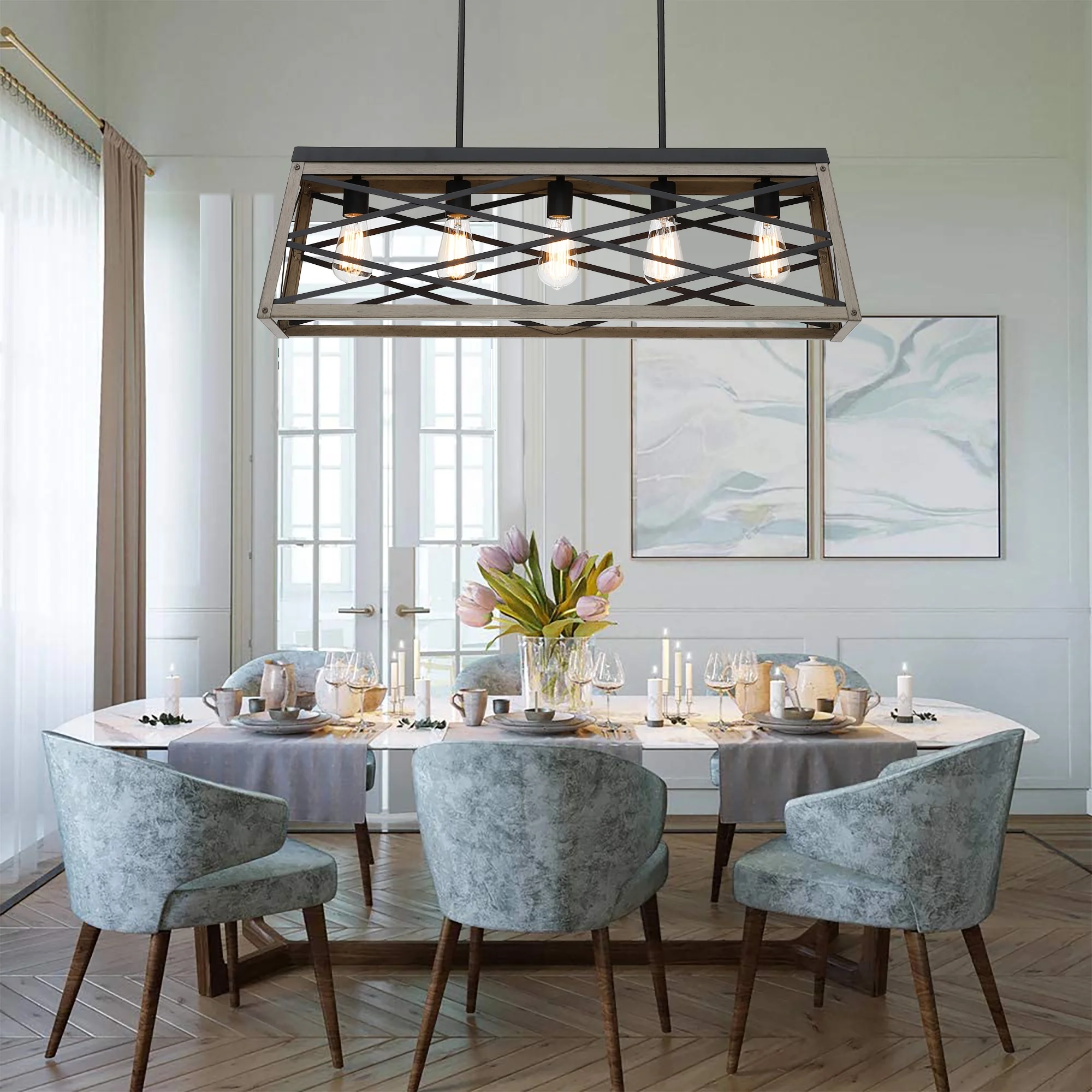 5-Light Farmhouse Matte Black Chandelier Industrial Pendant Lighting for Kitchen Island for Dining Room, Living Room