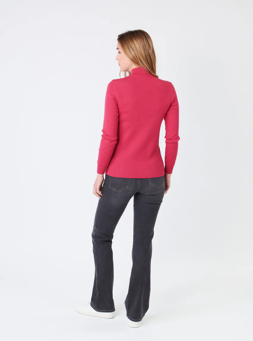 Pull chaussette femme col cheminee laine mérinos Rose géranium