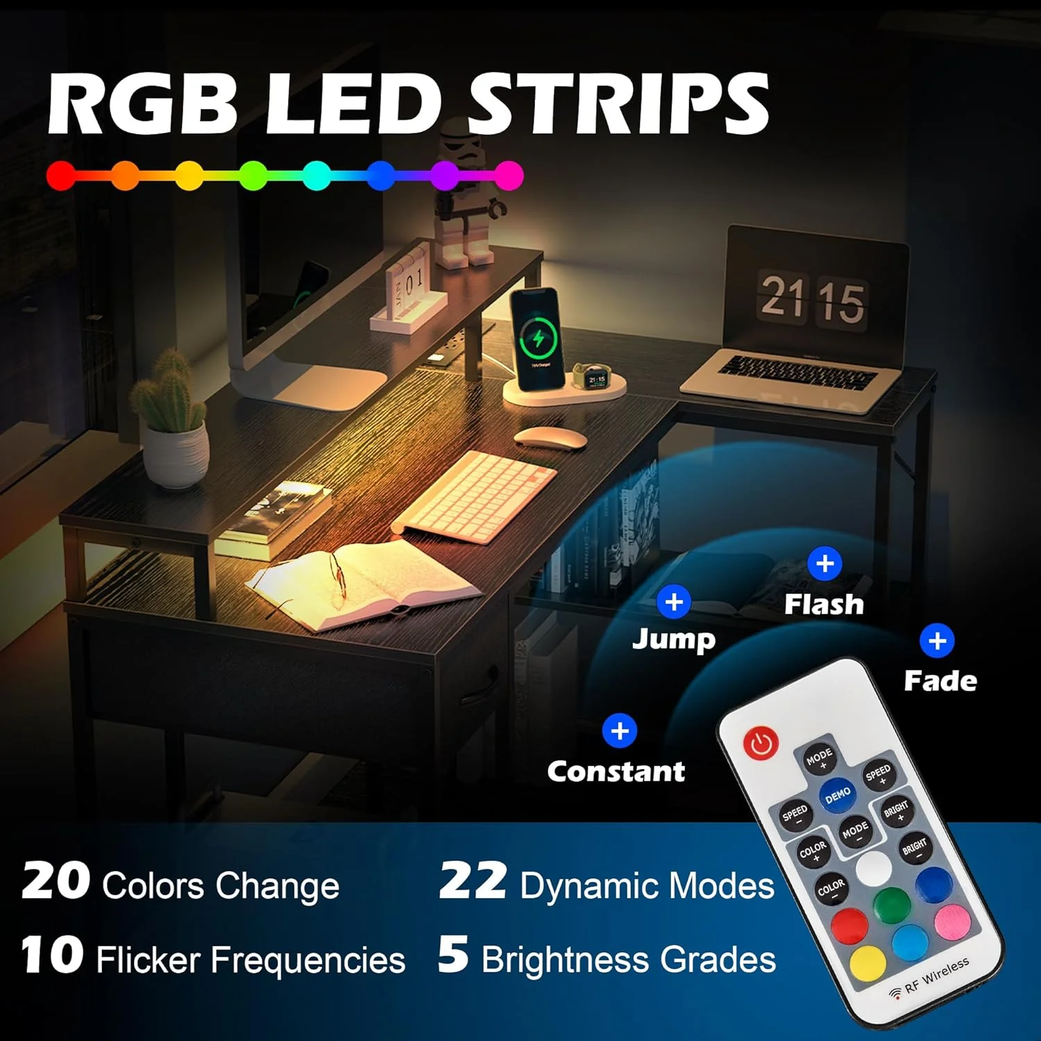 SUPERJARE L Shaped Gaming Desk with LED Lights