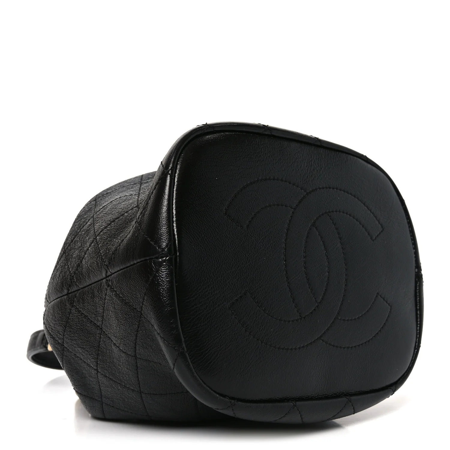 Shiny Lambskin Quilted Fashion Therapy Bucket Drawstring Bag Black