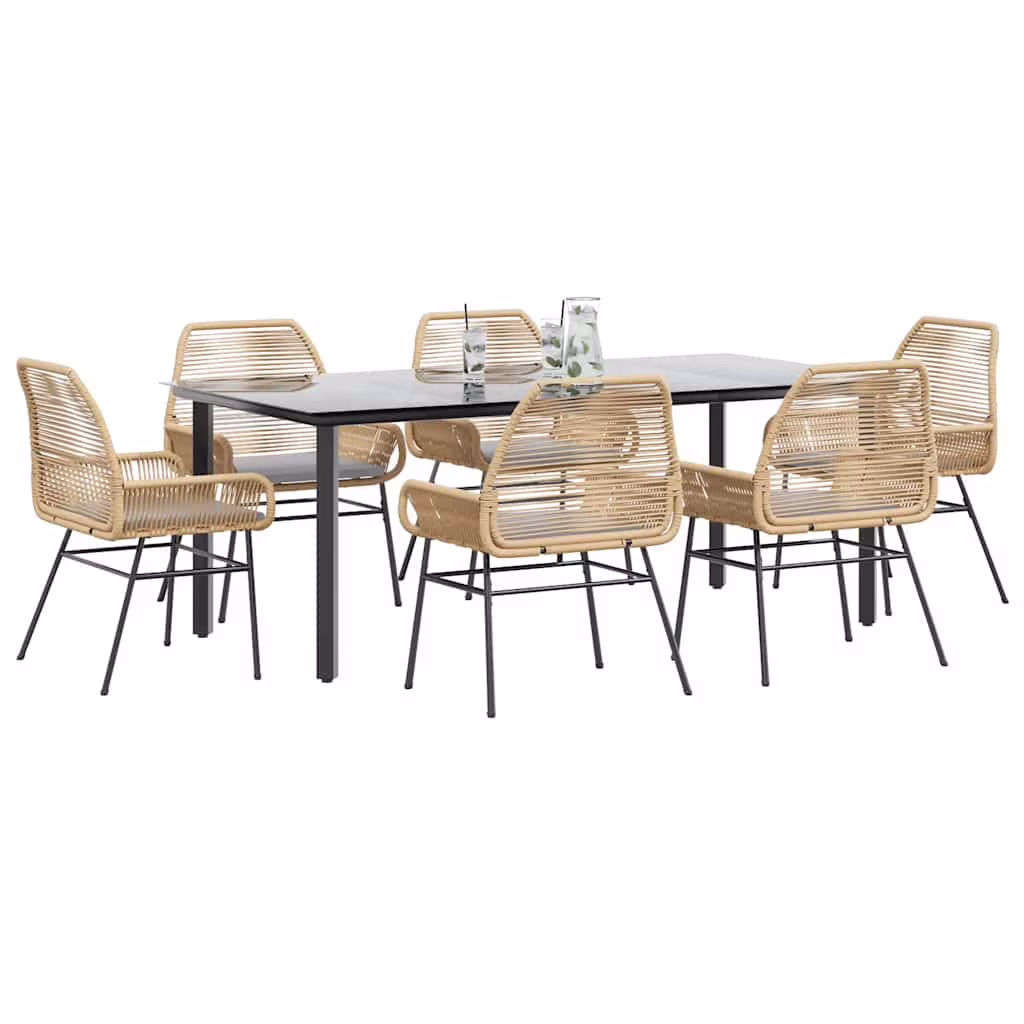 Vidaxl 7 Piece Patio Dining Set with Cushions Black Poly Rattan Glass