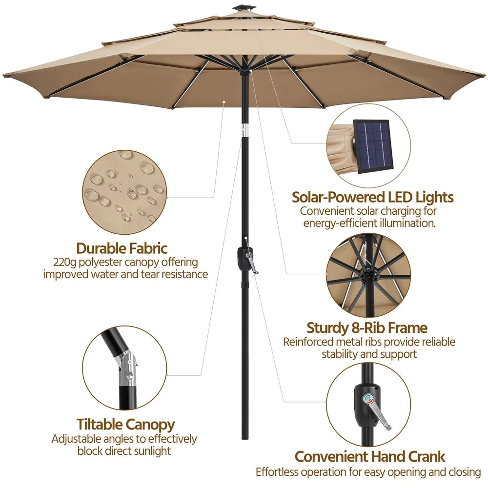 10 Ft Outdoor Patio Parasol with Color-Changing LED Strip, Tan(Beige) - Image 5