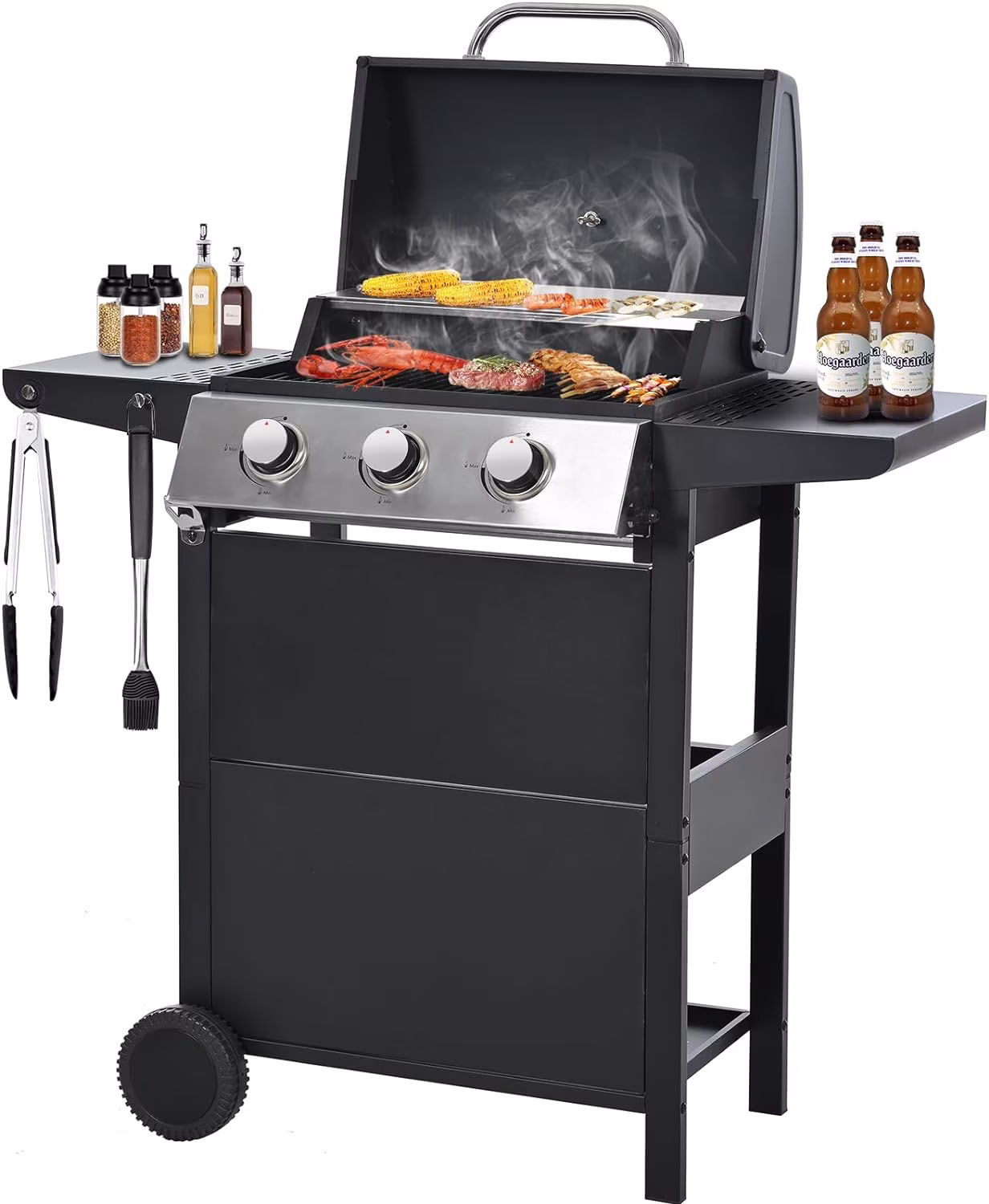 Highsound 3 Burner BBQ Propane Gas Grill, Stainless Steel 25650 BTU Patio Garden Barbecue Grill with Thermometer, Black