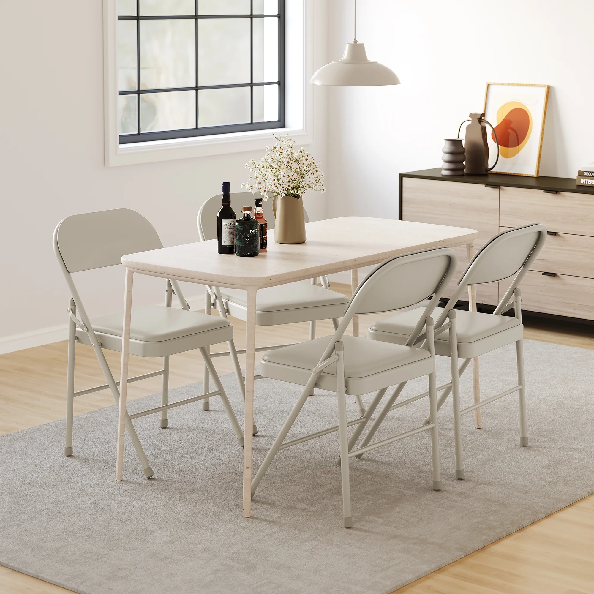 Luku Folding Chairs, Portable Card Chair, Metal Frame, PU Soft Cushion for Dining, Living, Office(4-Pack PU Cushion Chairs/Beige)