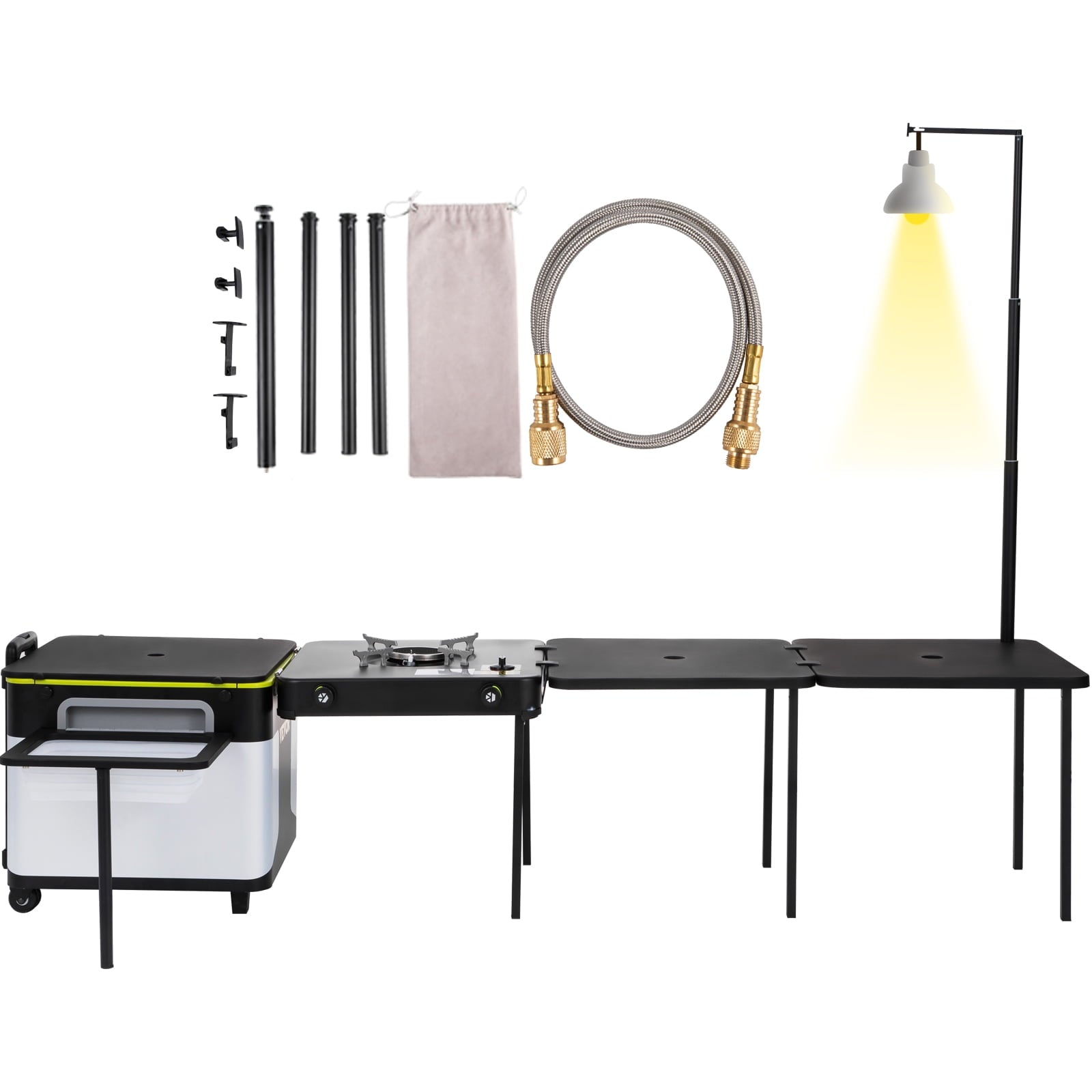 Outdoor Mobile Kitchen. Portable Multifunctional Camping Kitchen station. All in One Integrated Folding Cooking Box with Windproof Stove. Folding Tables Storage Organizer for Beach BBQ Picnic