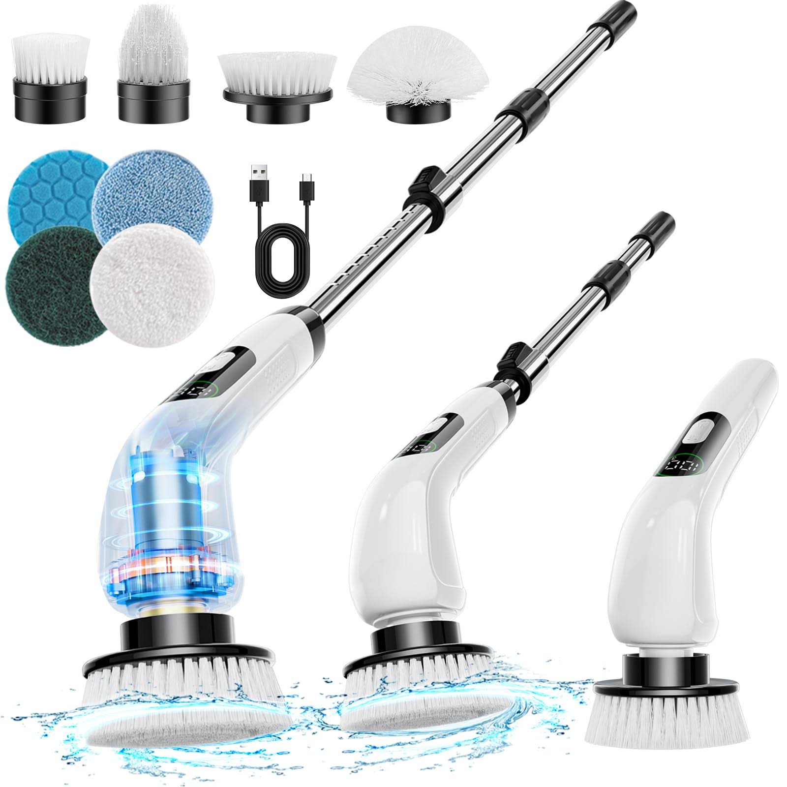 Fader Electric Spin Scrubber, 2023 New Cordless Shower Scrubber with 8 Replaceable Brush Heads and Adjustable Extension Handle, Power Cleaning Brush