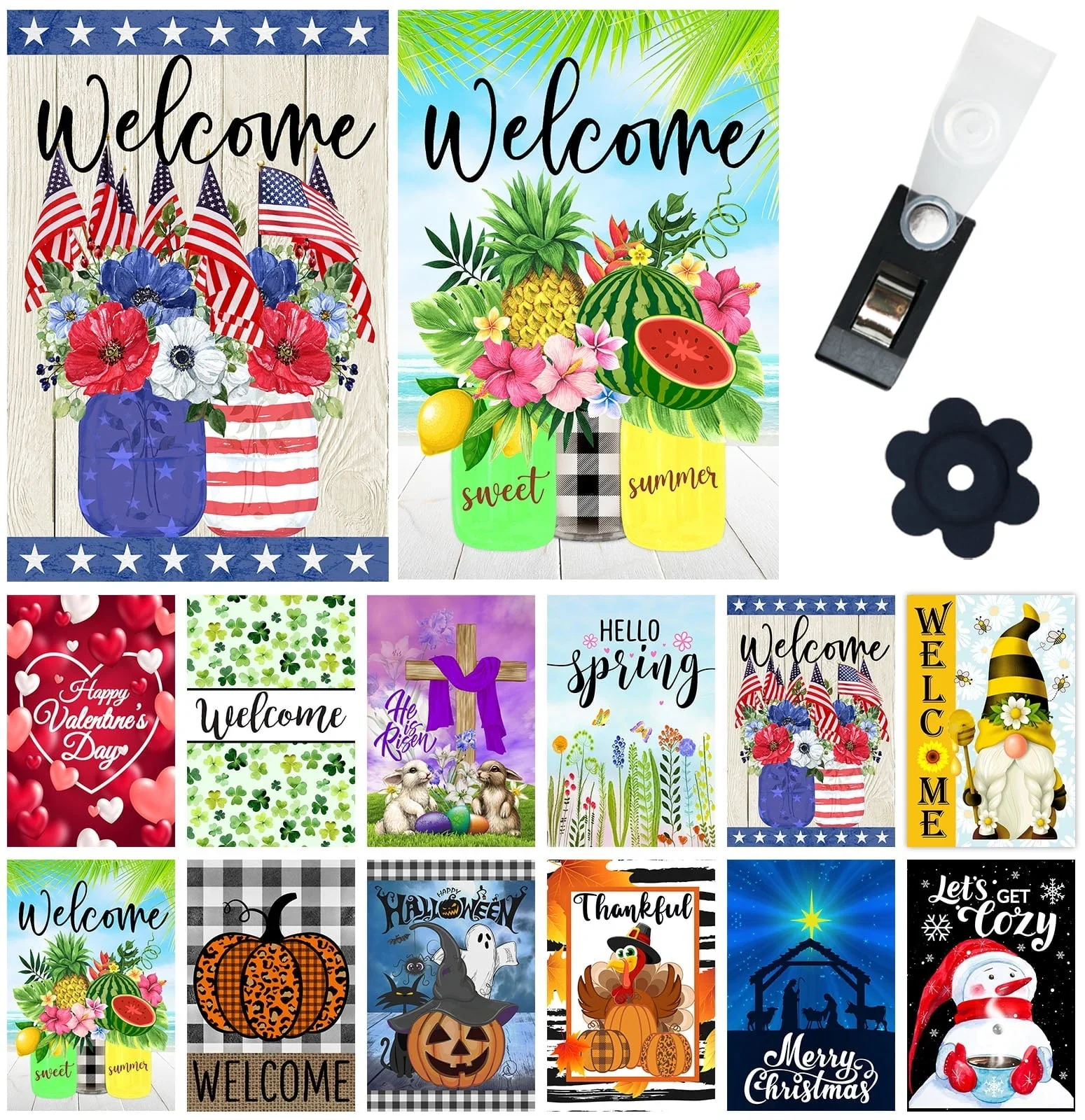 Yileqi Seasonal Garden Flag Set of 12 Double Sided Welcome Garden Flags, Small Yard Flag for Outside Décor 12x18 Inch, with Free Anti-Wind Clip and Stopper