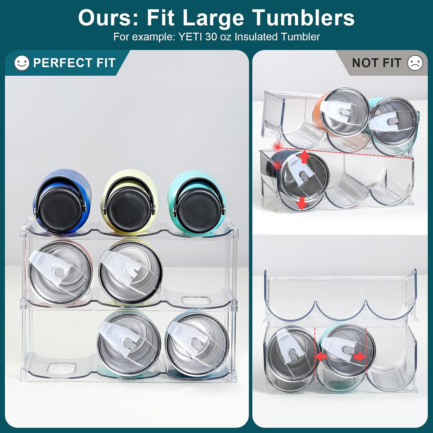 LARGER Compartment - Stackable Water Bottle Organizer Holder - for Stanley & Other Large Tumblers - Clear Wine Rack, Cup Bottle Holder for Cabinet, Home Countertop, Refrigerator, Pantry Shelf, 3 Tier Holds 9