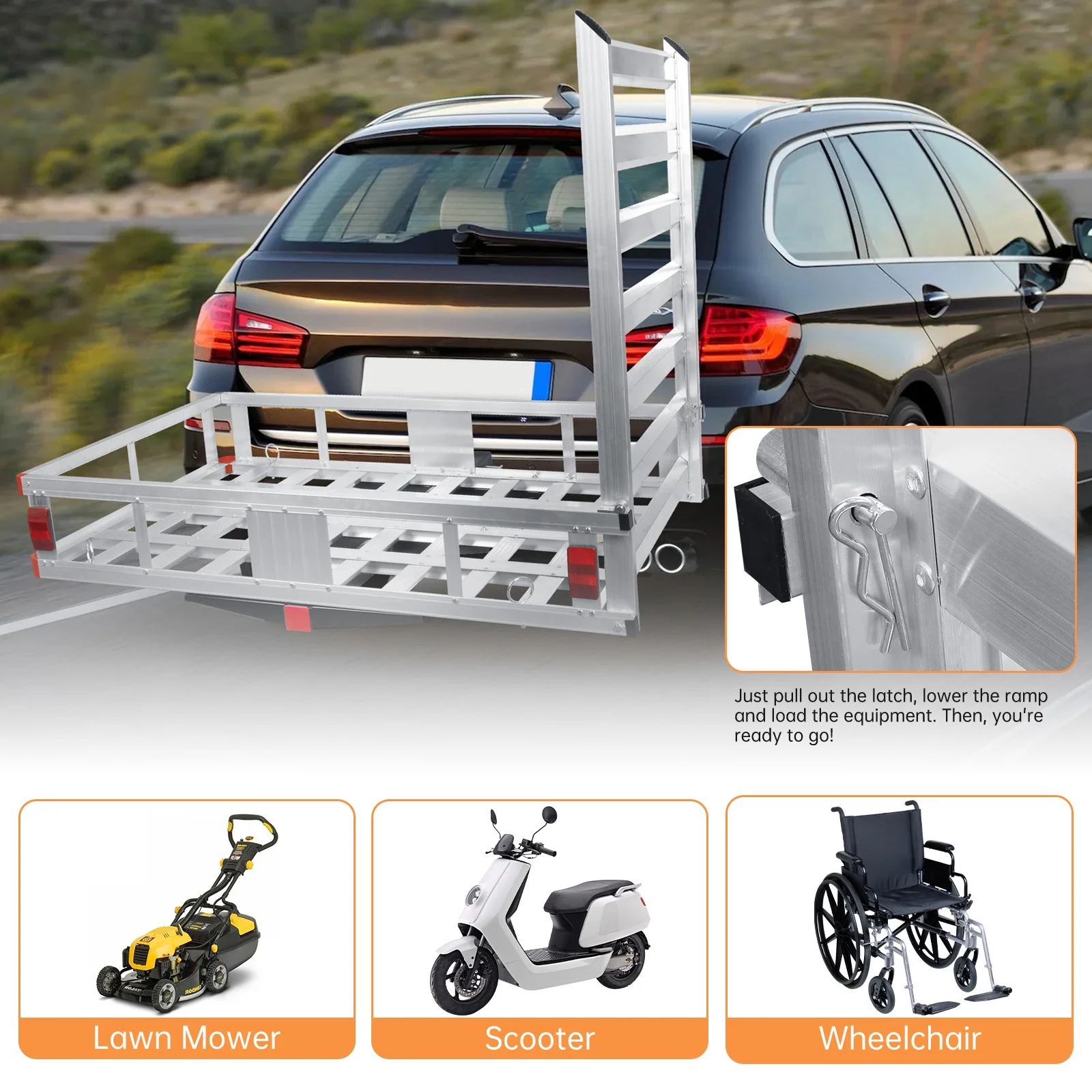 Aluminum Hitch Lift Ramp, 50" Extra Wide Platform, Braced Side Rails, Hitch Mount Loading Ramp, Cargo Carrier with Ramp, Snowmobile Hauler, Farm Equipment - Image 3