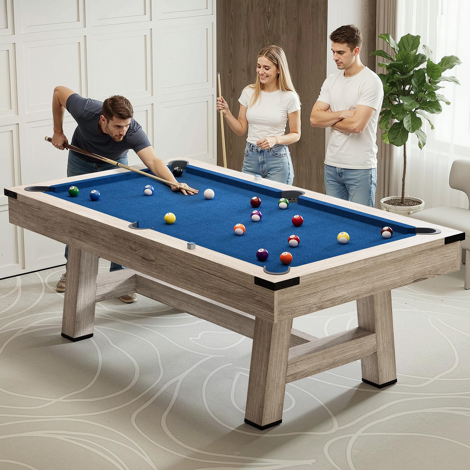 AECOJOY 7FT Pool Table with Wood Finish Billiard Tables,  Professional Style Billiards Game Room Table Set