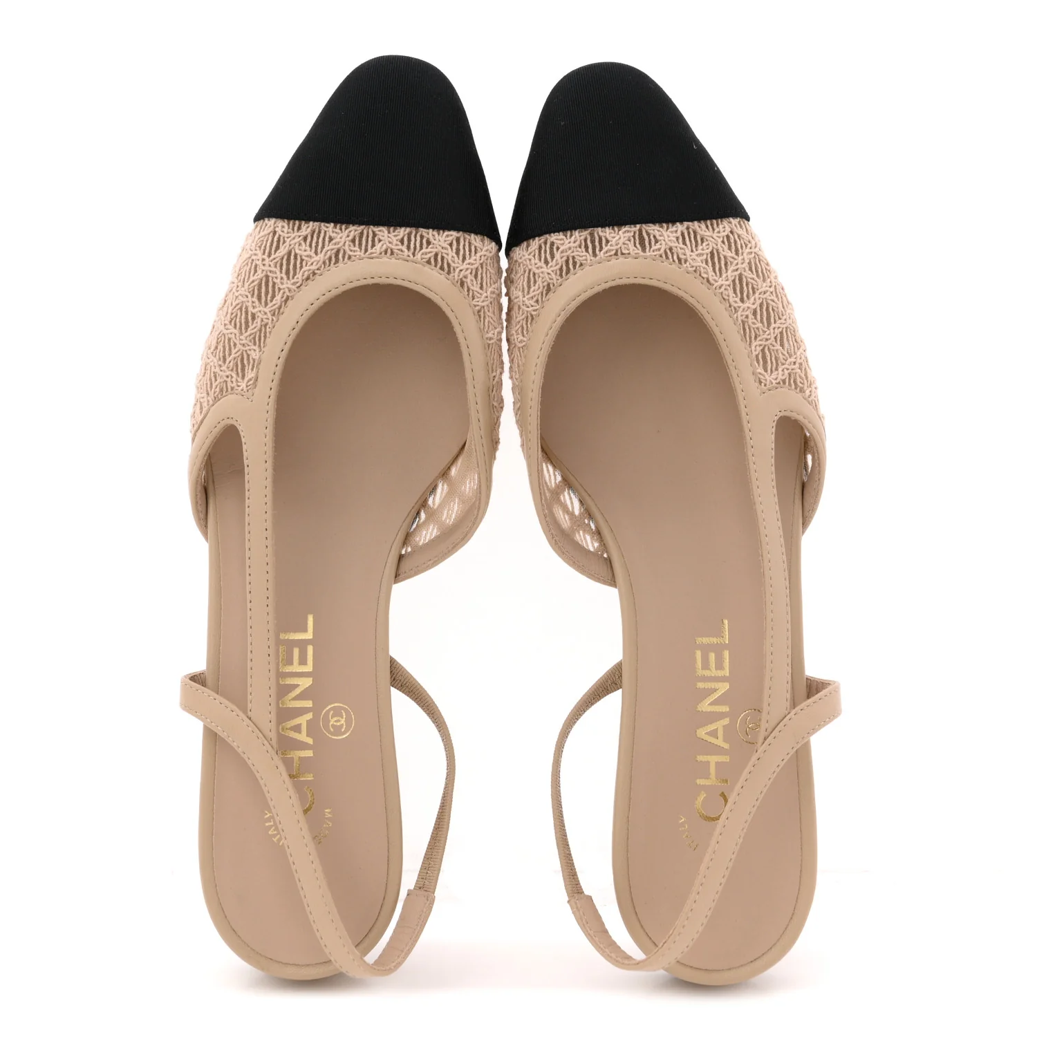 Embroidery Grosgrain Cap Toe CC Slingback Flats 38.5 Beige Black
