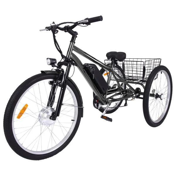 26 Inch Adult 3 Wheel Electric Tricycle with Basket. Fat Tires.7 Speeds.350W Powerful Motor. 36V 10Ah Removable Battery Dark Gray