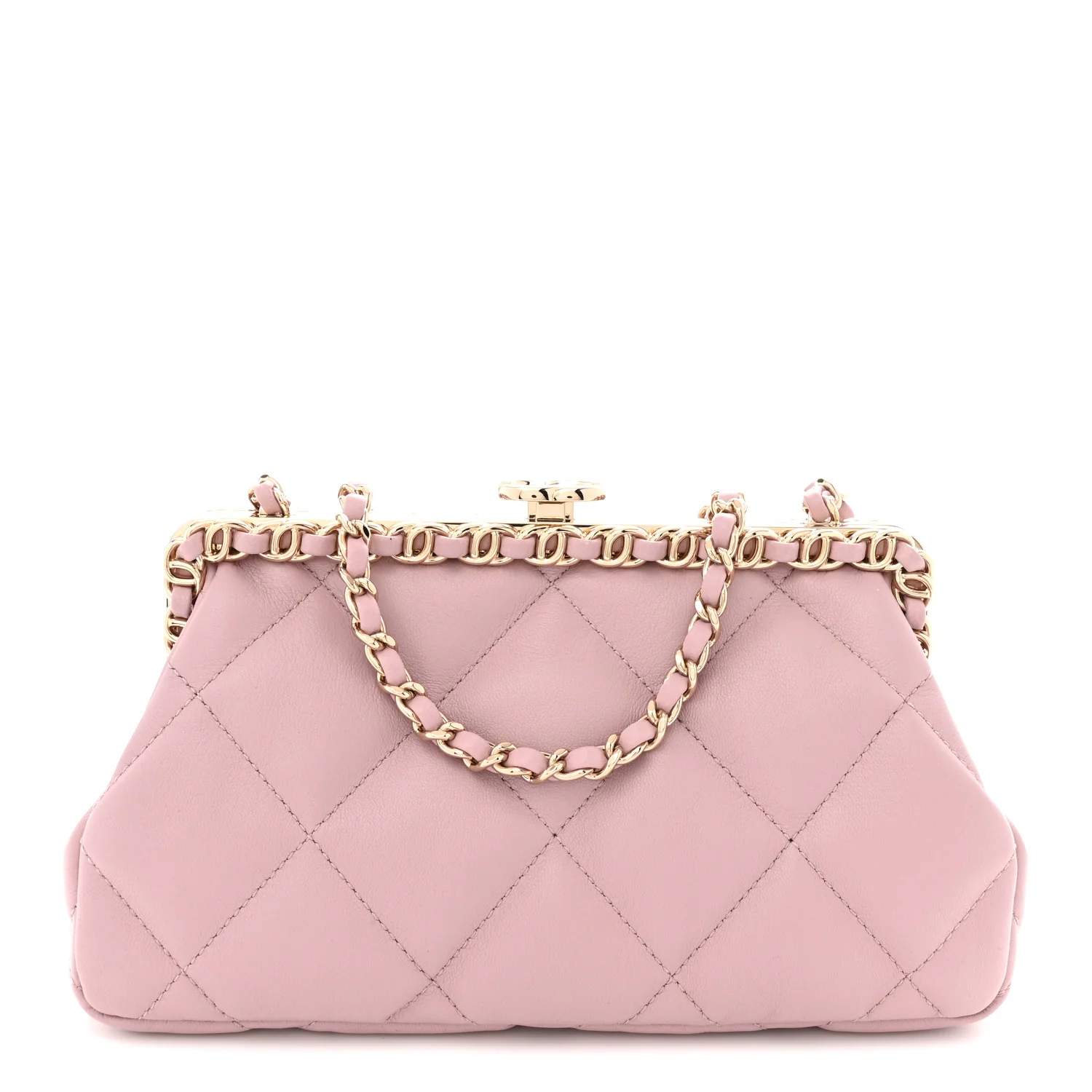 Lambskin Quilted Chain Frame Clutch Pink