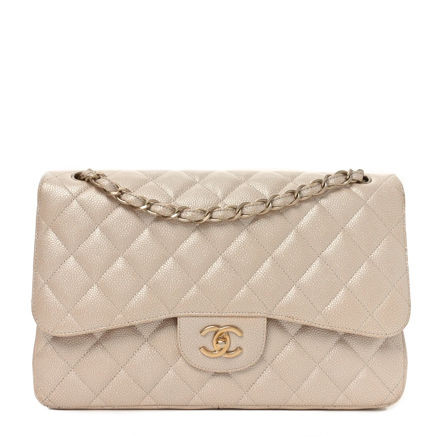 Iridescent Caviar Quilted Jumbo Double Flap Beige