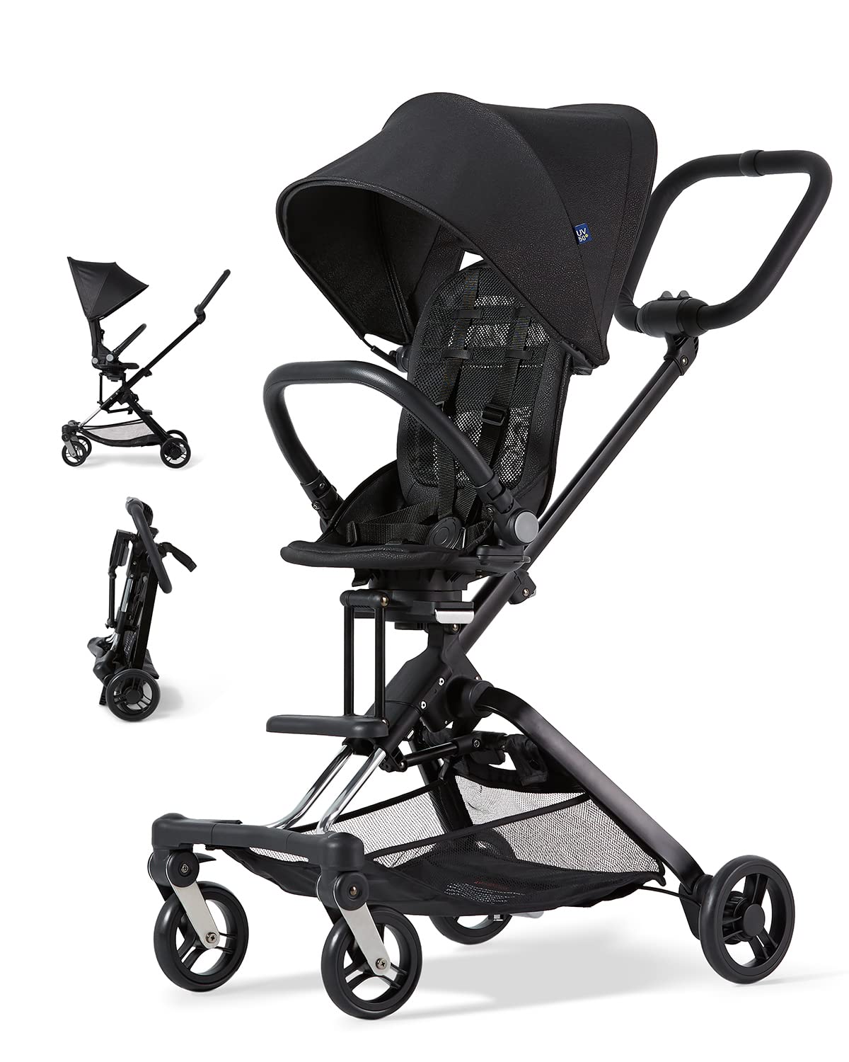 Poussette de voyage légère 3-en-1 Unilove On The Go avec siège réversible pour enfant - Poussette de voyage pour enfants de 1 à 3 ans - Poussette compacte idéale pour les voyages - Pliable, robuste et sûre - Noir minuit