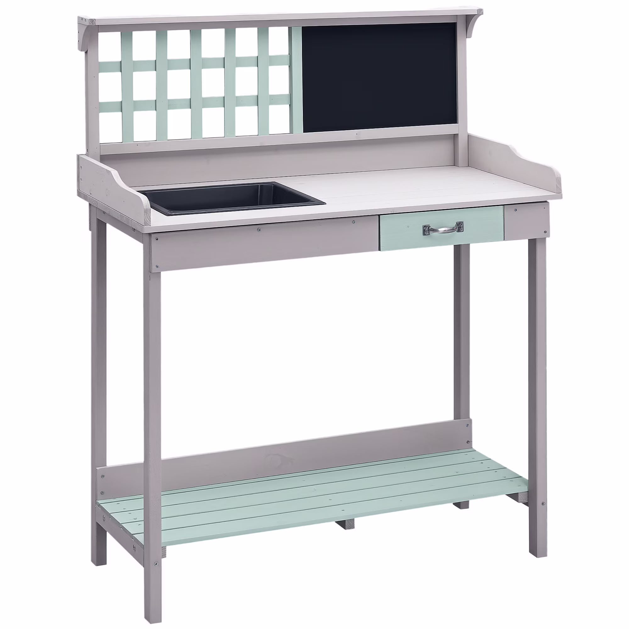 Outdoor Wooden Potting Bench Table with Removable Sink, Garden Work Station with Chalkboard, Drawer, Open Shelf Storage, Light Gray