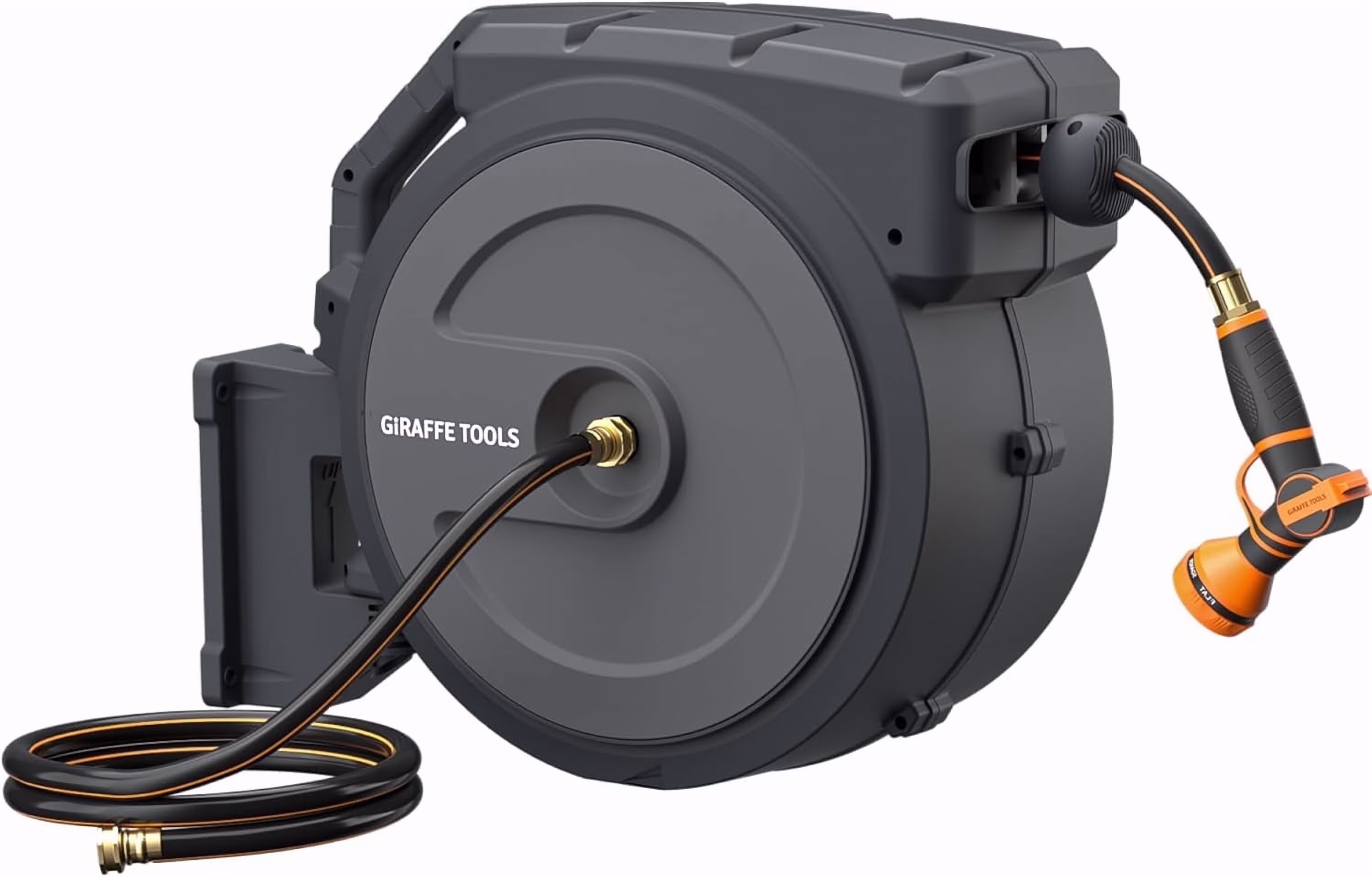 Giraffe Tools Retractable Garden Hose Reel with 1/2in-78ft Hose, Metal Bracket, Wall Mounted, Dark Grey