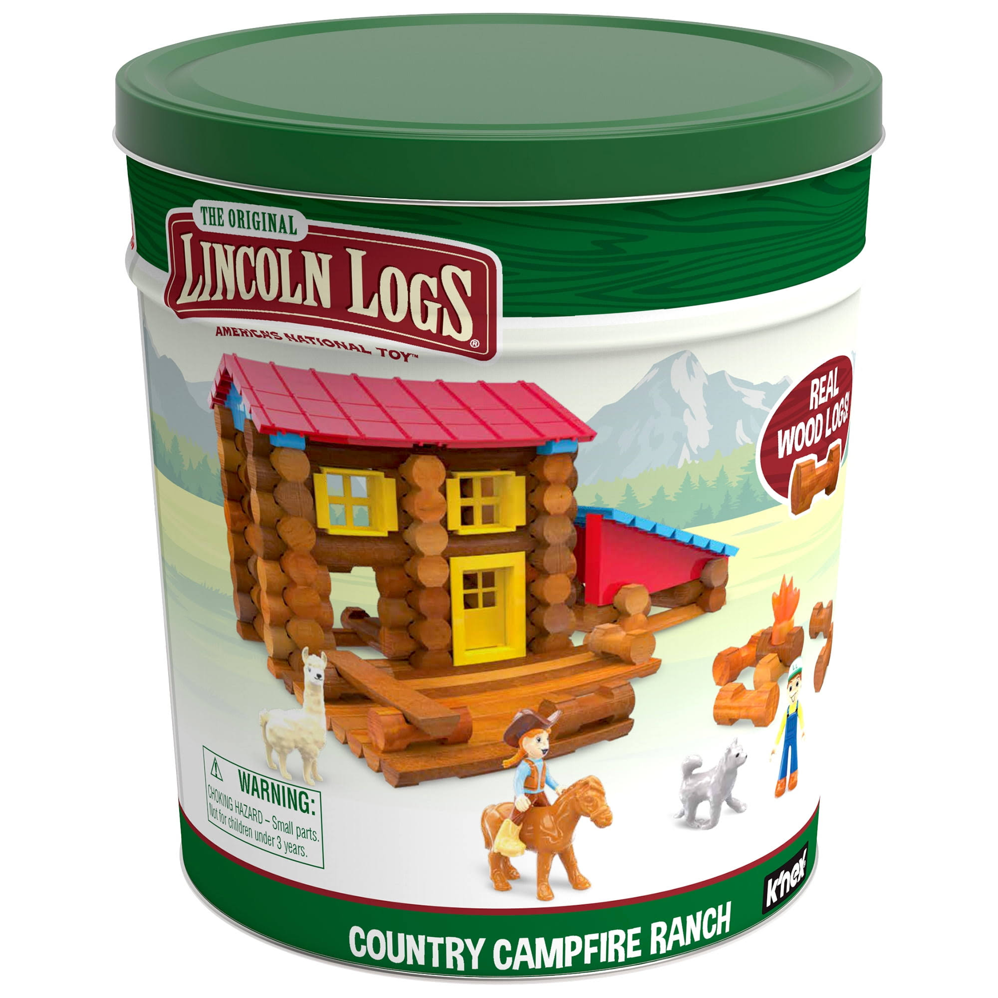 Lincoln Logs Country Campfire Ranch - Real Wood Logs - 124 Pieces - Collectible Tin